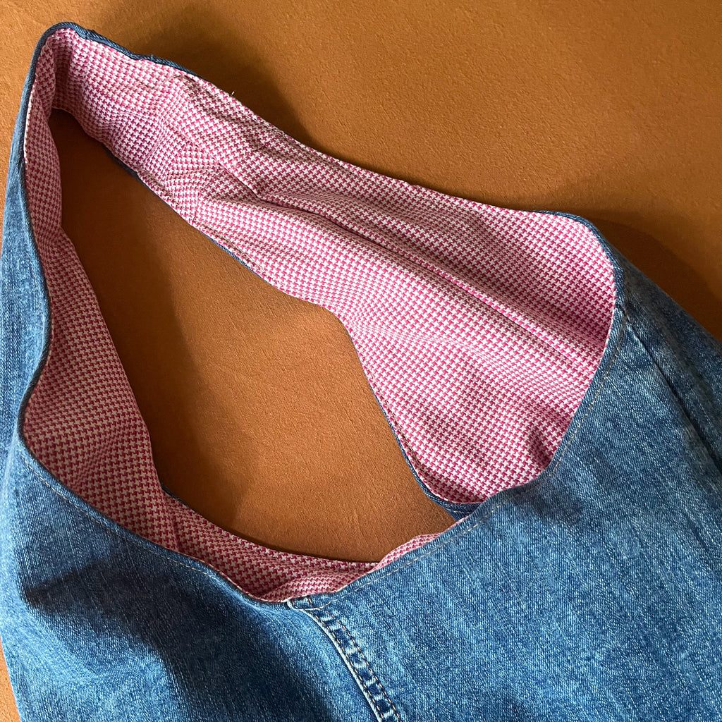 Denim and Red Houndstooth Bag