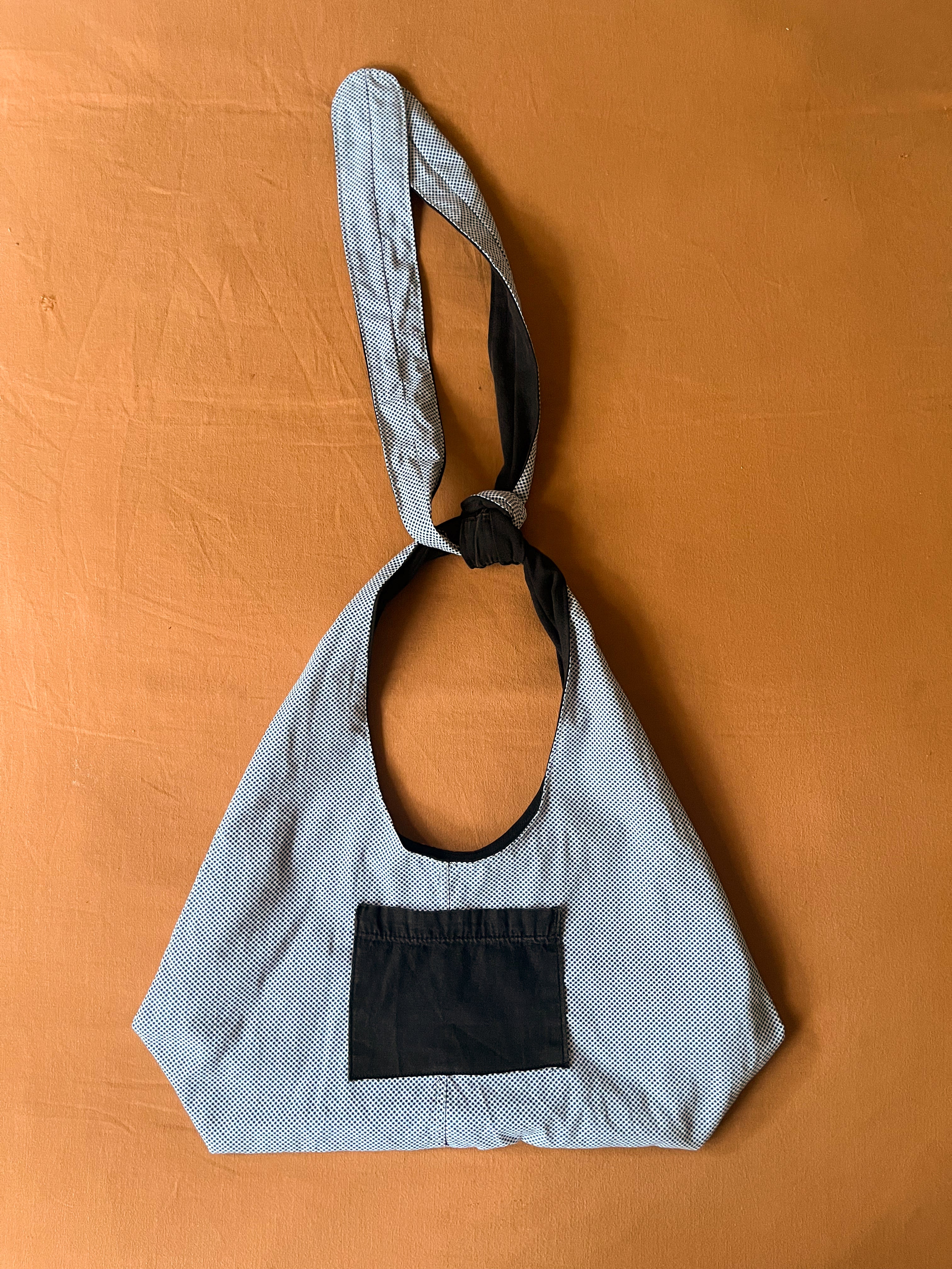 Black Denim and Blue and White Adjustable Tote Bag
