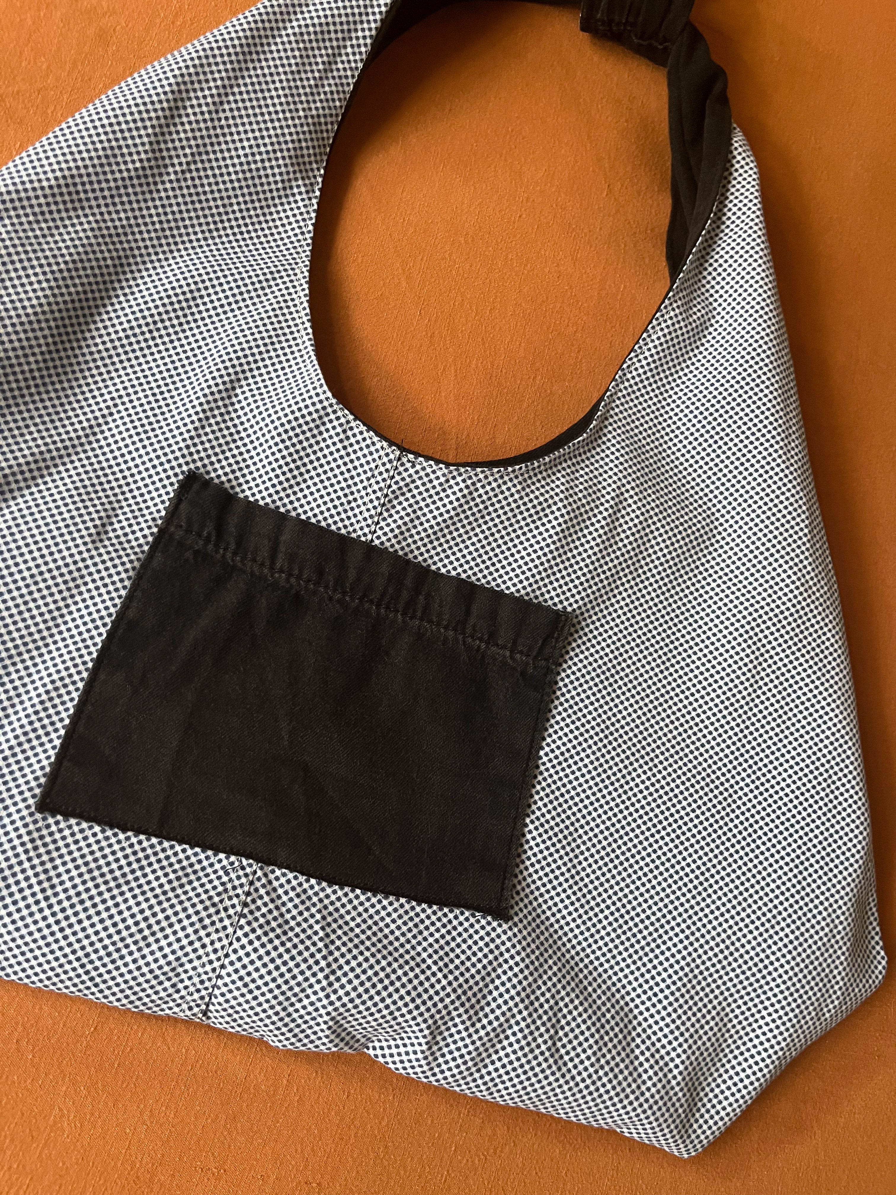Black Denim and Blue and White Adjustable Tote Bag
