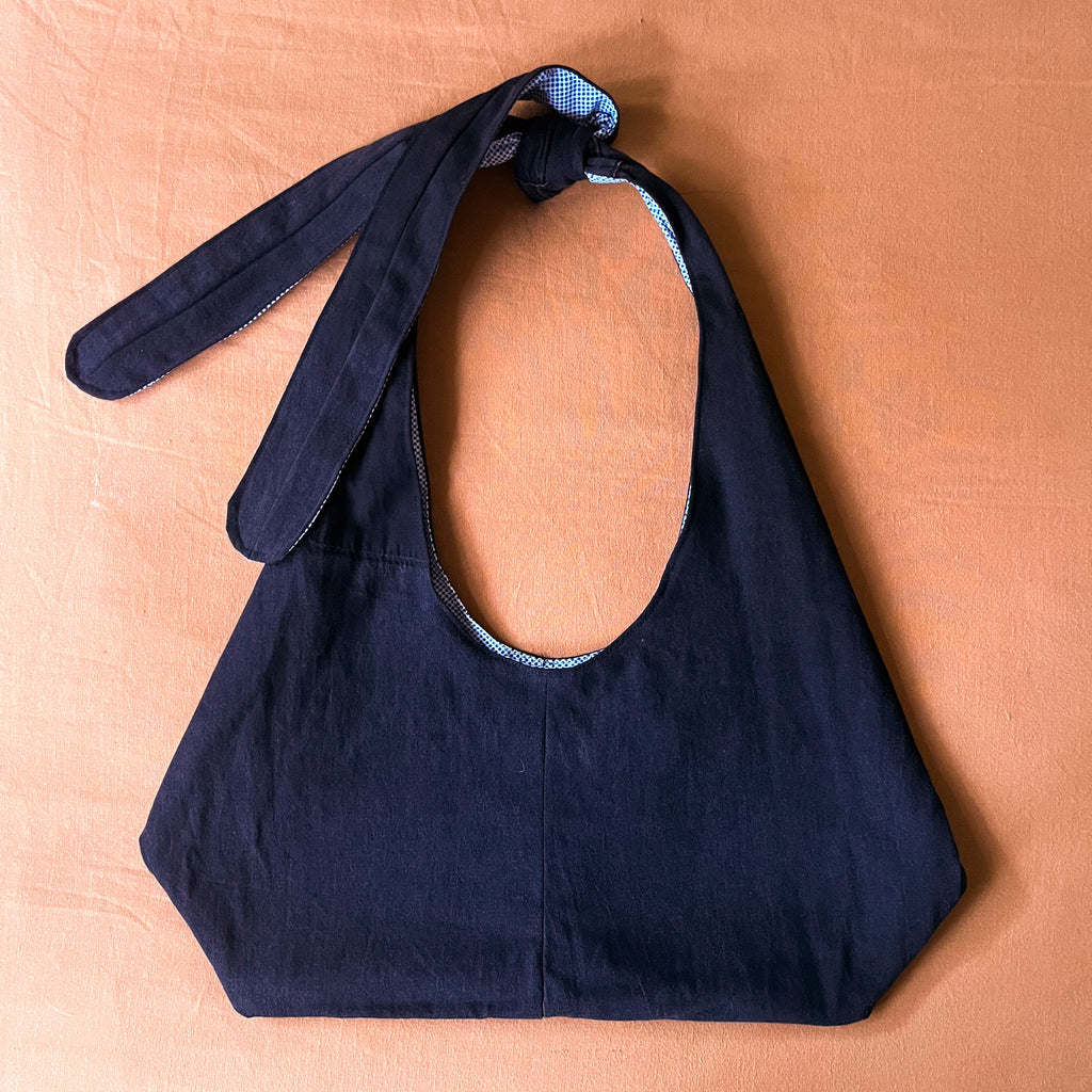 Black Denim and Blue and White Adjustable Tote Bag