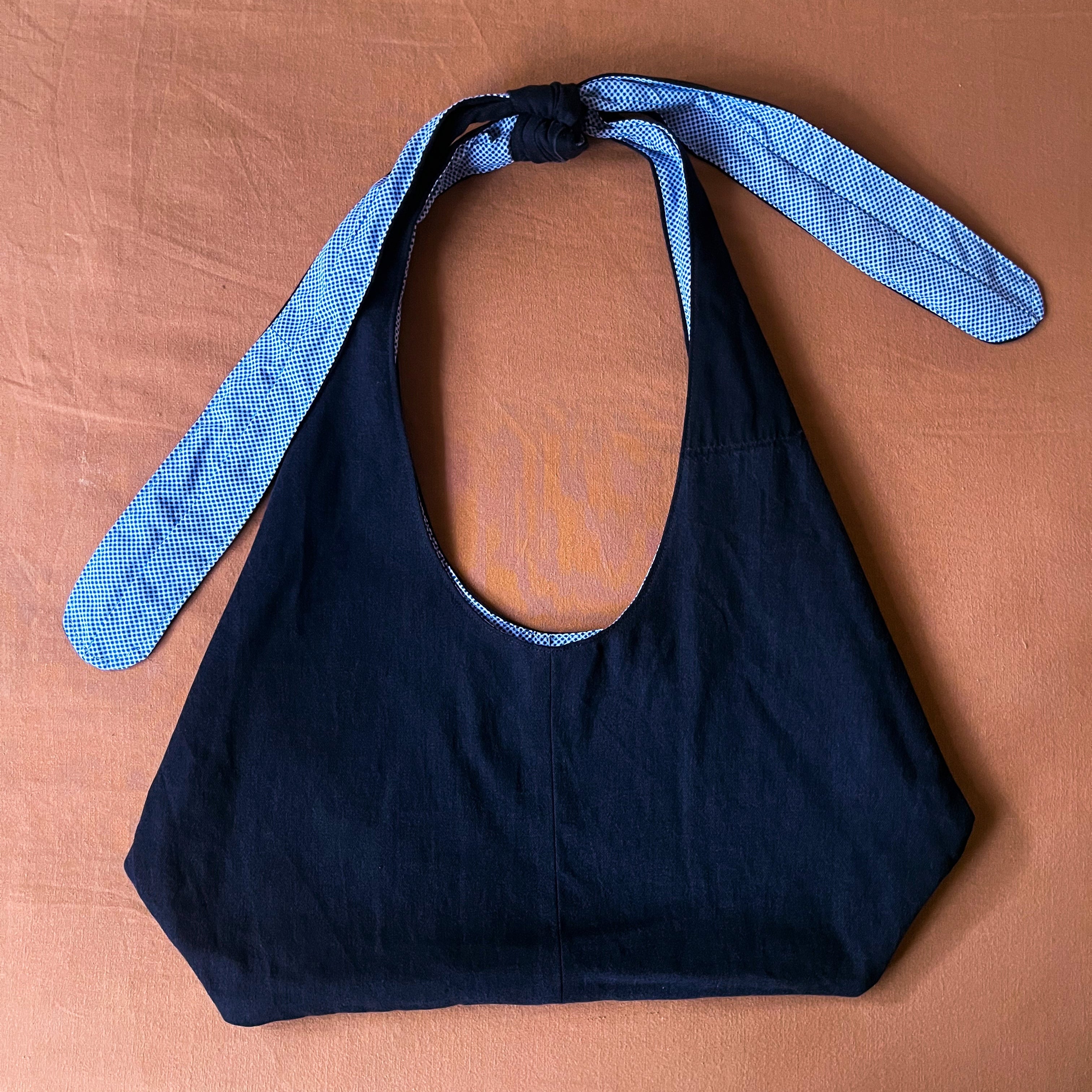 Black Denim and Blue and White Adjustable Tote Bag