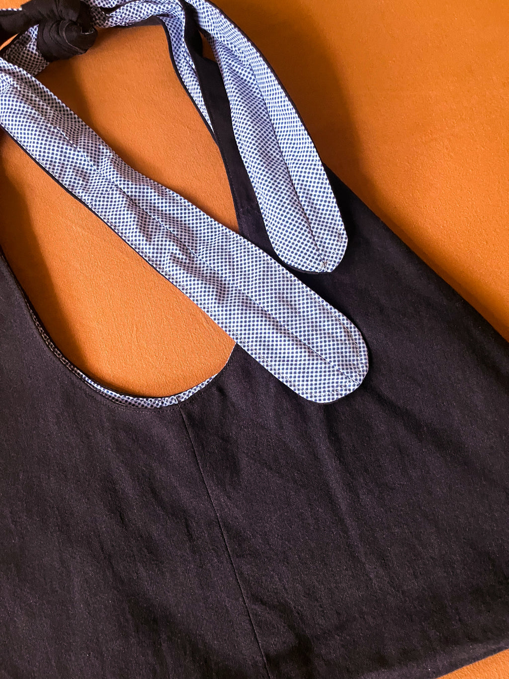 Black Denim and Blue and White Adjustable Tote Bag