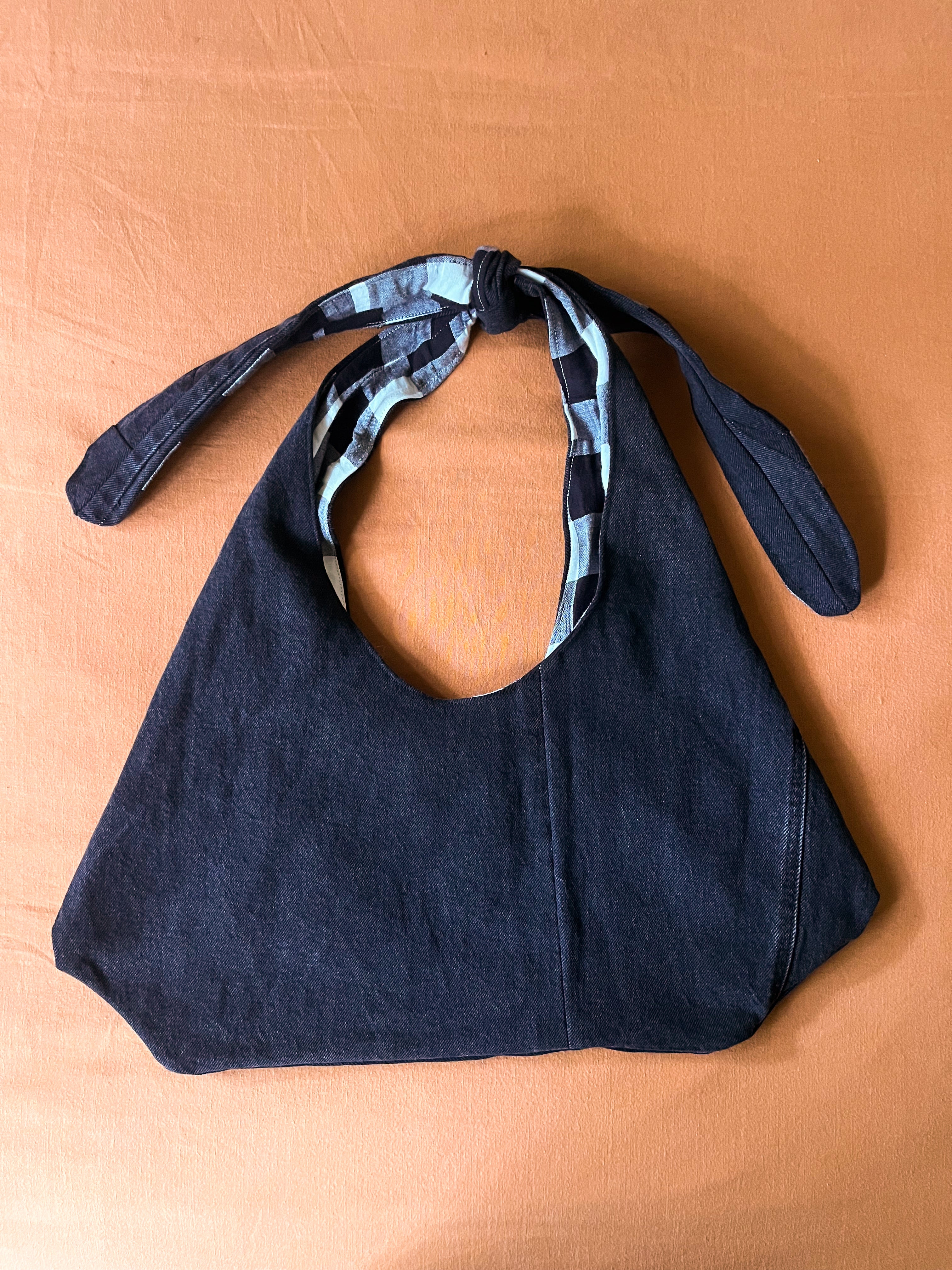 Black Denim and Black and White Gingham Adjustable Bag