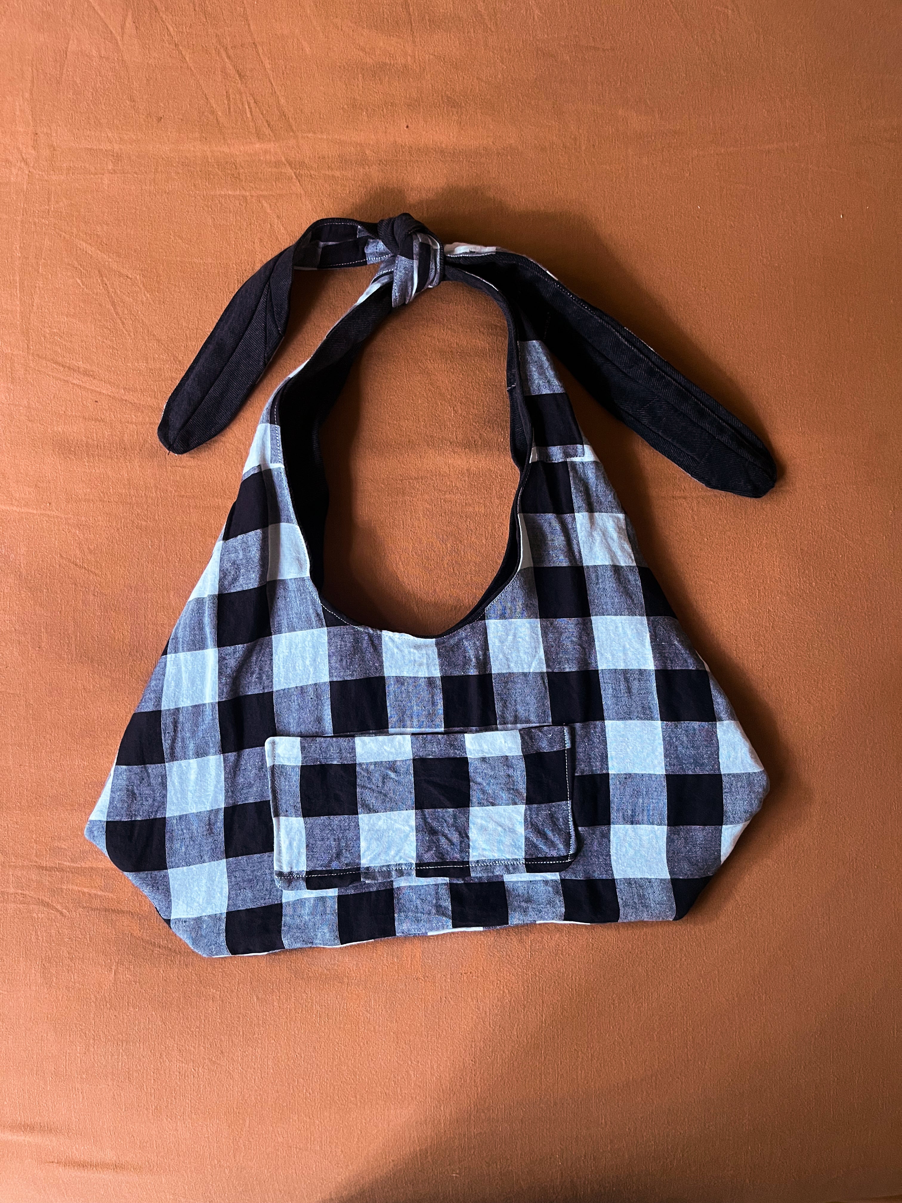 Black Denim and Black and White Gingham Adjustable Bag
