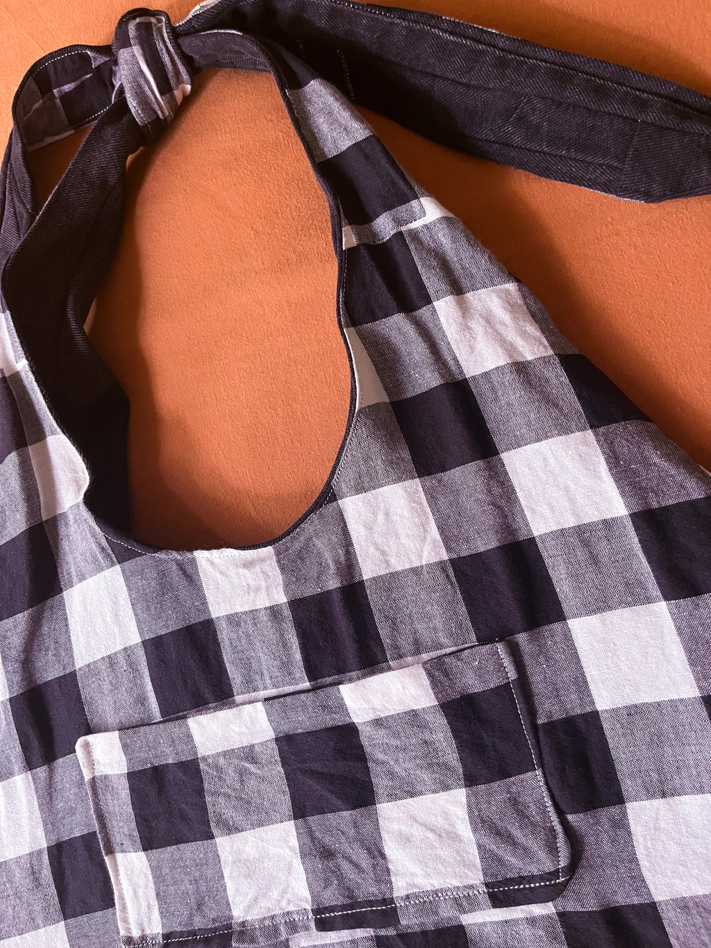 Black Denim and Black and White Gingham Adjustable Bag