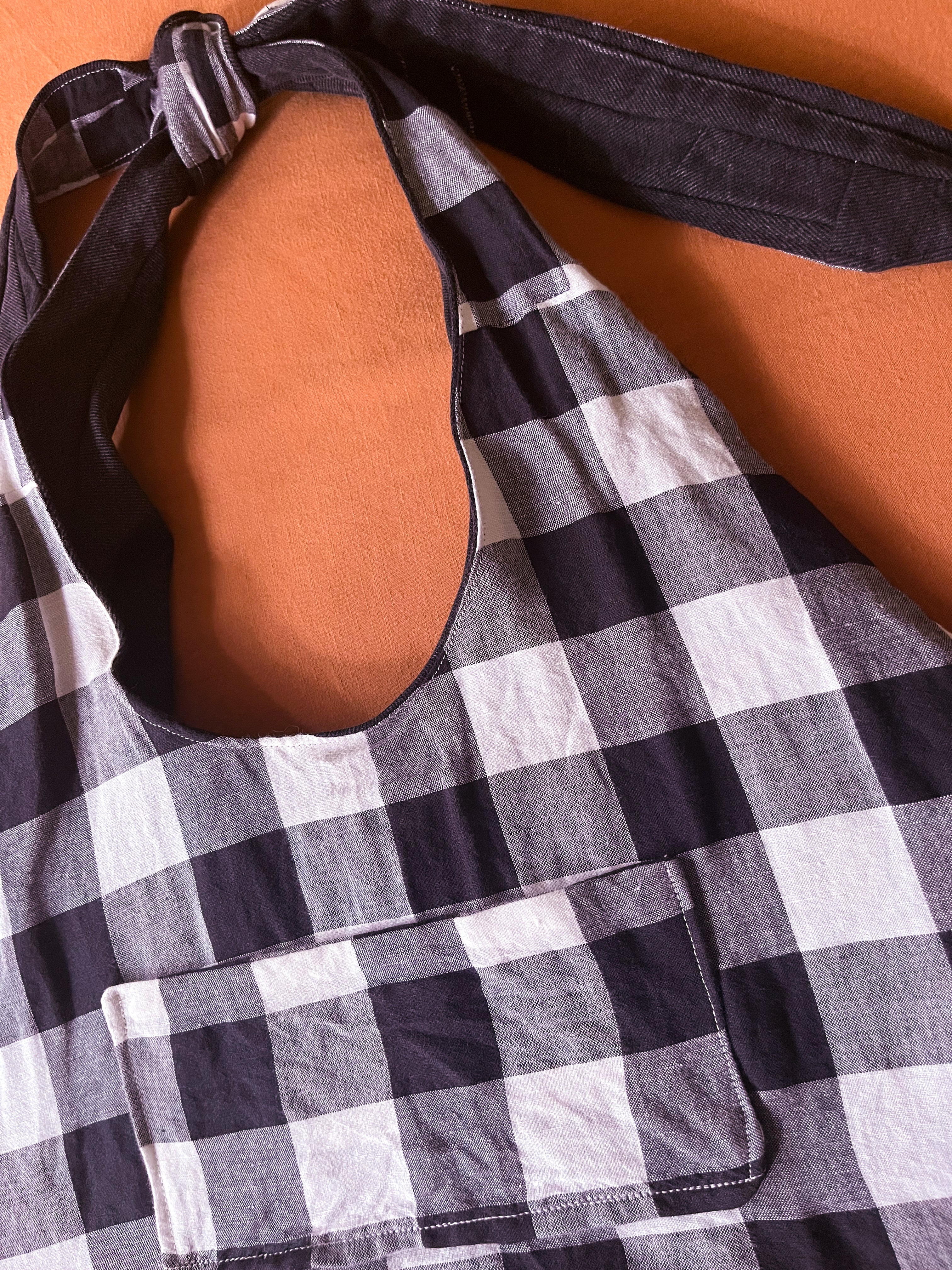 Black Denim and Black and White Gingham Adjustable Bag