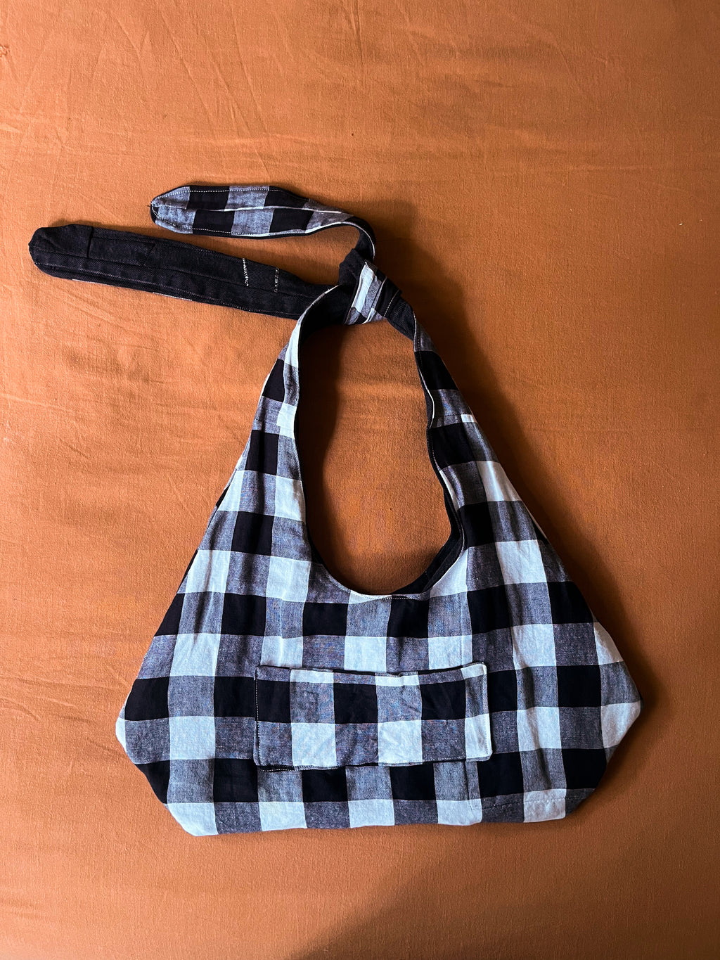 Black Denim and Black and White Gingham Adjustable Bag
