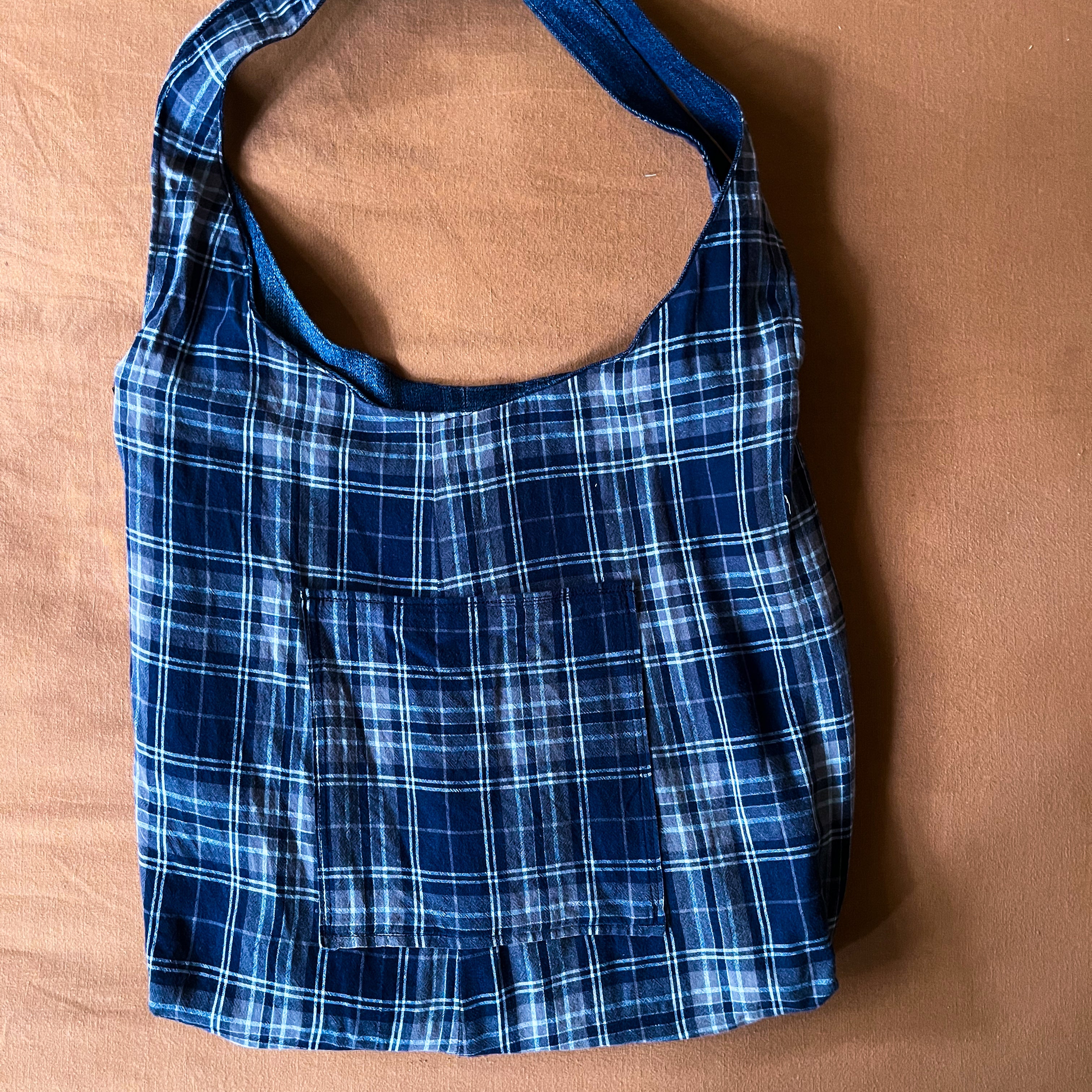 Denim and Blue Plaid Double Strap Slouchy Tote