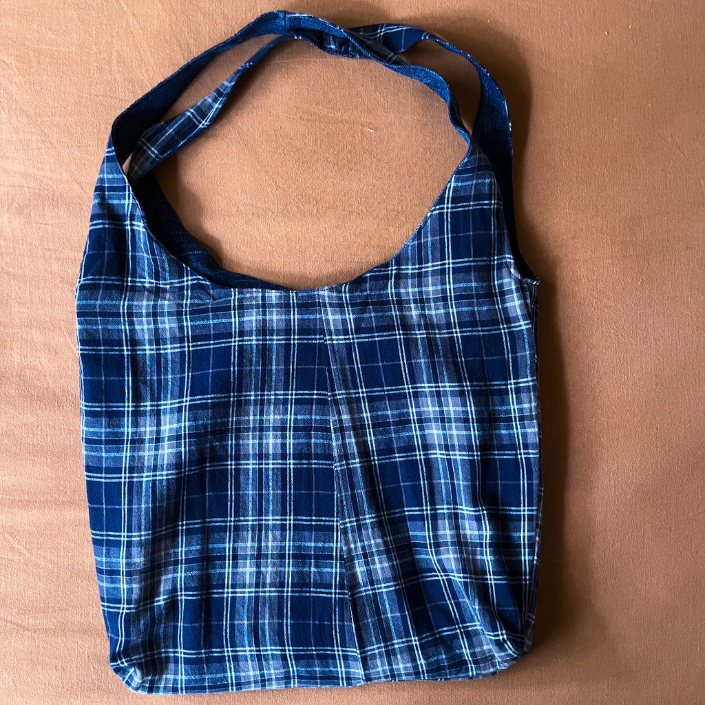 Denim and Blue Plaid Double Strap Slouchy Tote