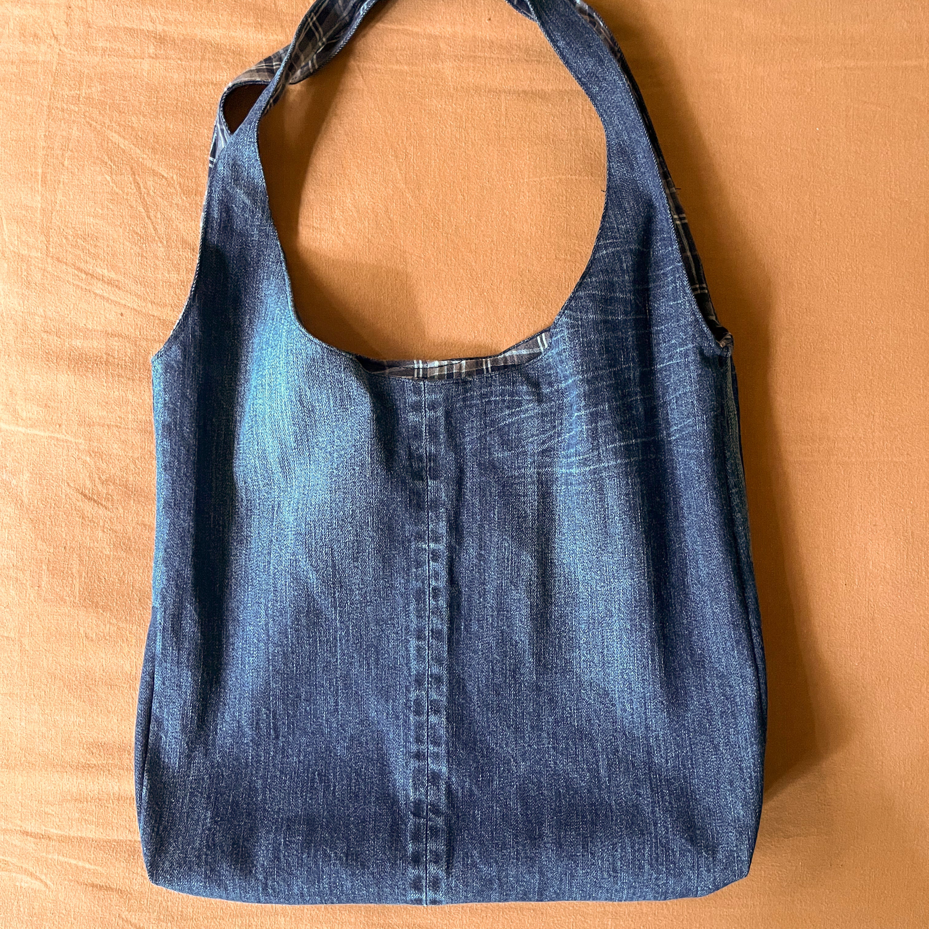 Denim and Blue Plaid Double Strap Slouchy Tote