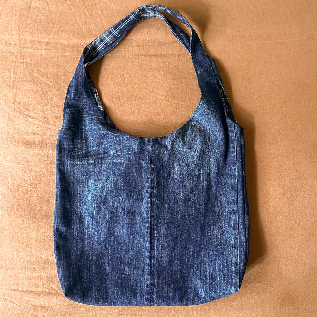 Denim and Blue Plaid Double Strap Slouchy Tote