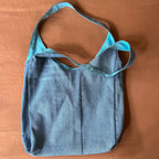 Light Blue/Grey Denim and Teal Linen Double Strap Slouchy Tote