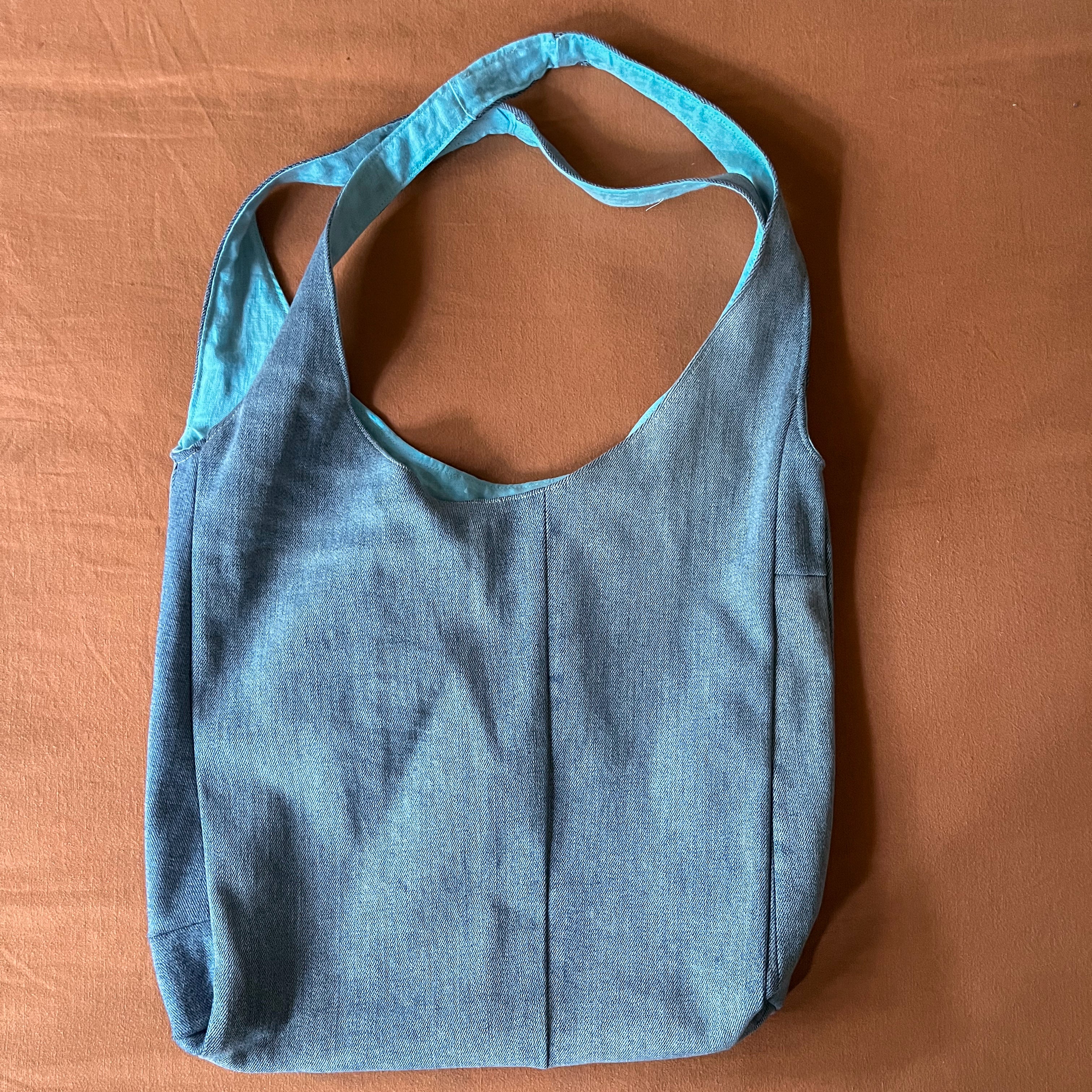 Light Blue/Grey Denim and Teal Linen Double Strap Slouchy Tote