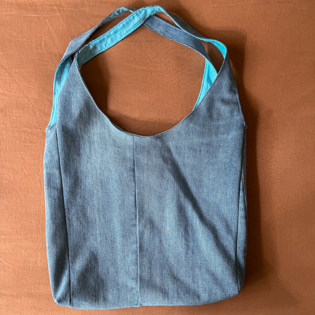 Light Blue/Grey Denim and Teal Linen Double Strap Slouchy Tote