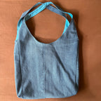 Light Blue/Grey Denim and Teal Linen Double Strap Slouchy Tote