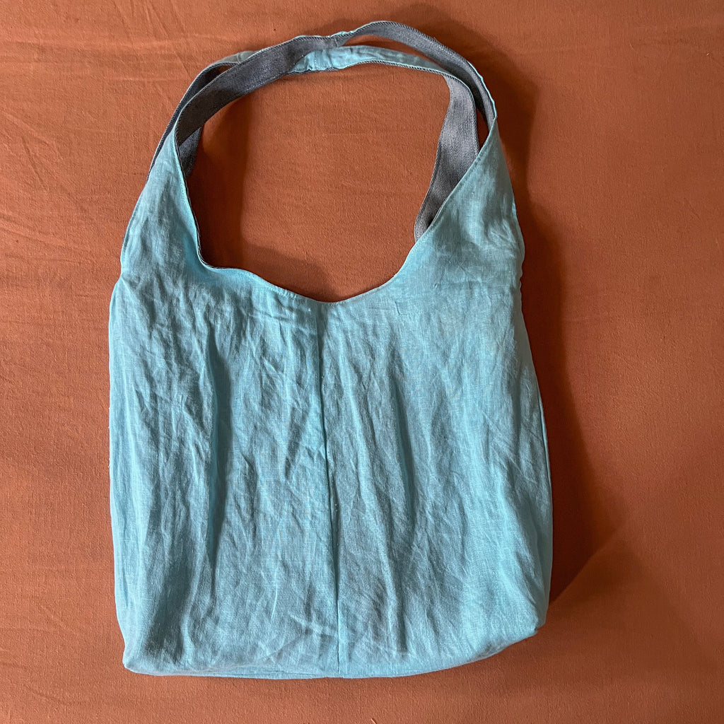 Light Blue/Grey Denim and Teal Linen Double Strap Slouchy Tote