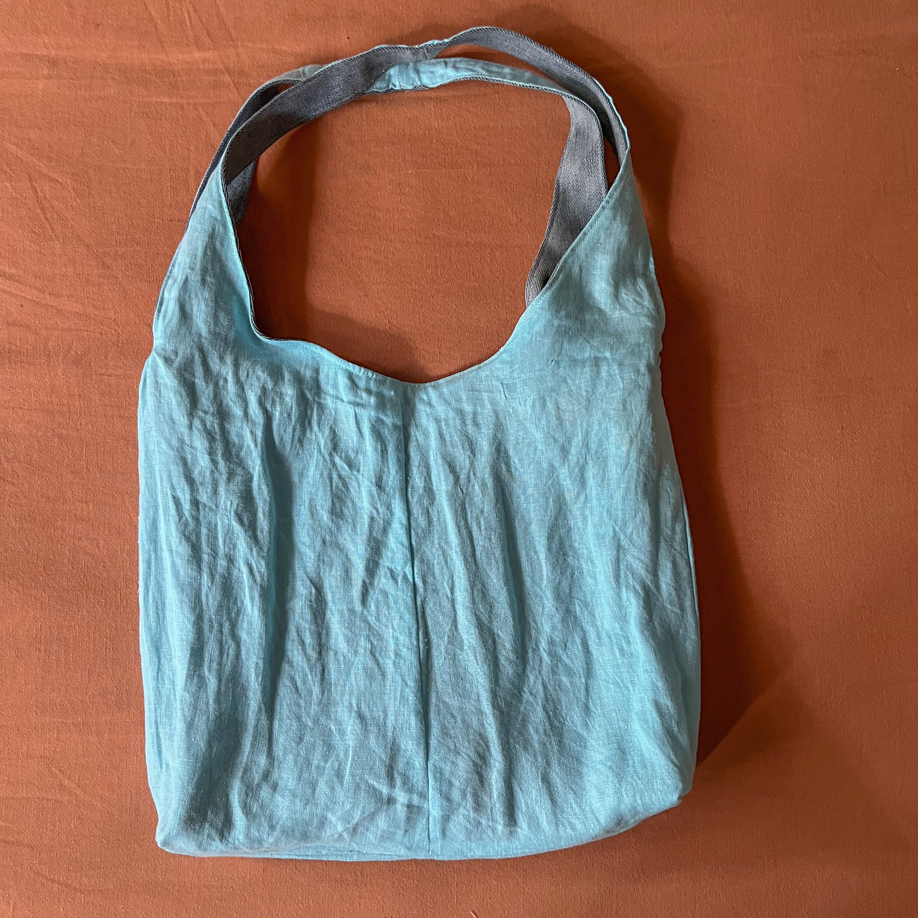 Light Blue/Grey Denim and Teal Linen Double Strap Slouchy Tote