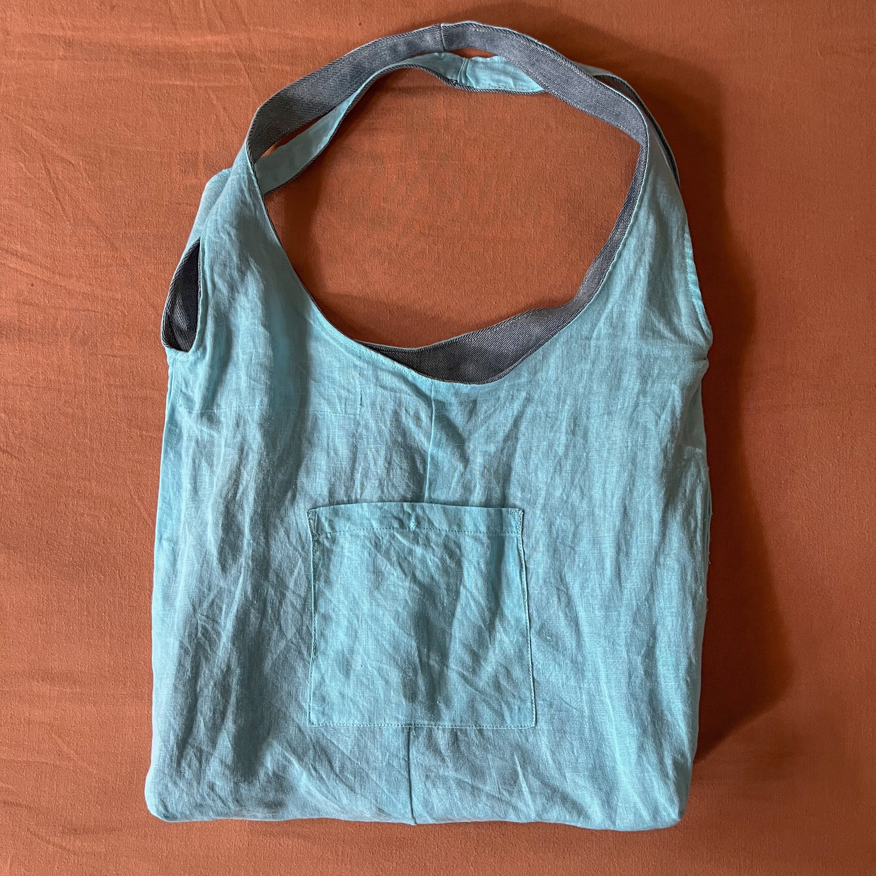 Light Blue/Grey Denim and Teal Linen Double Strap Slouchy Tote