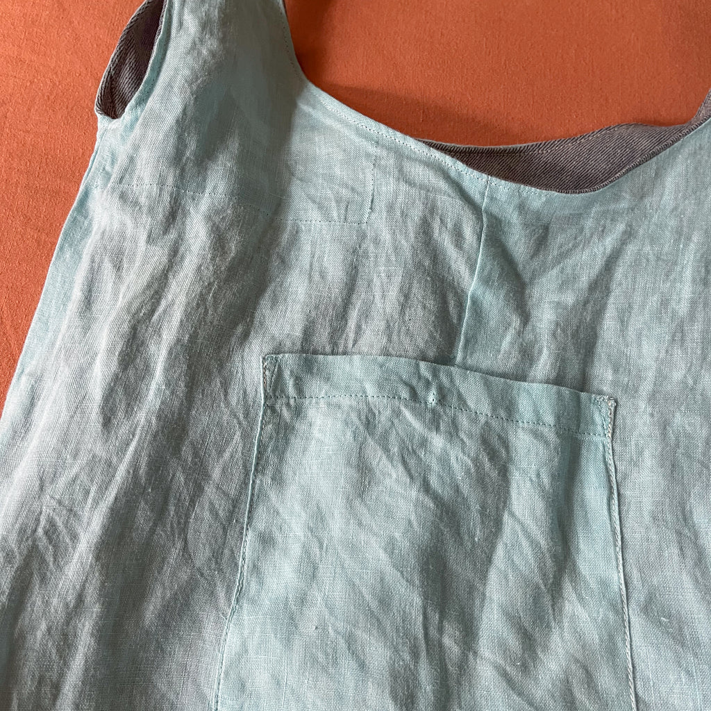 Light Blue/Grey Denim and Teal Linen Double Strap Slouchy Tote