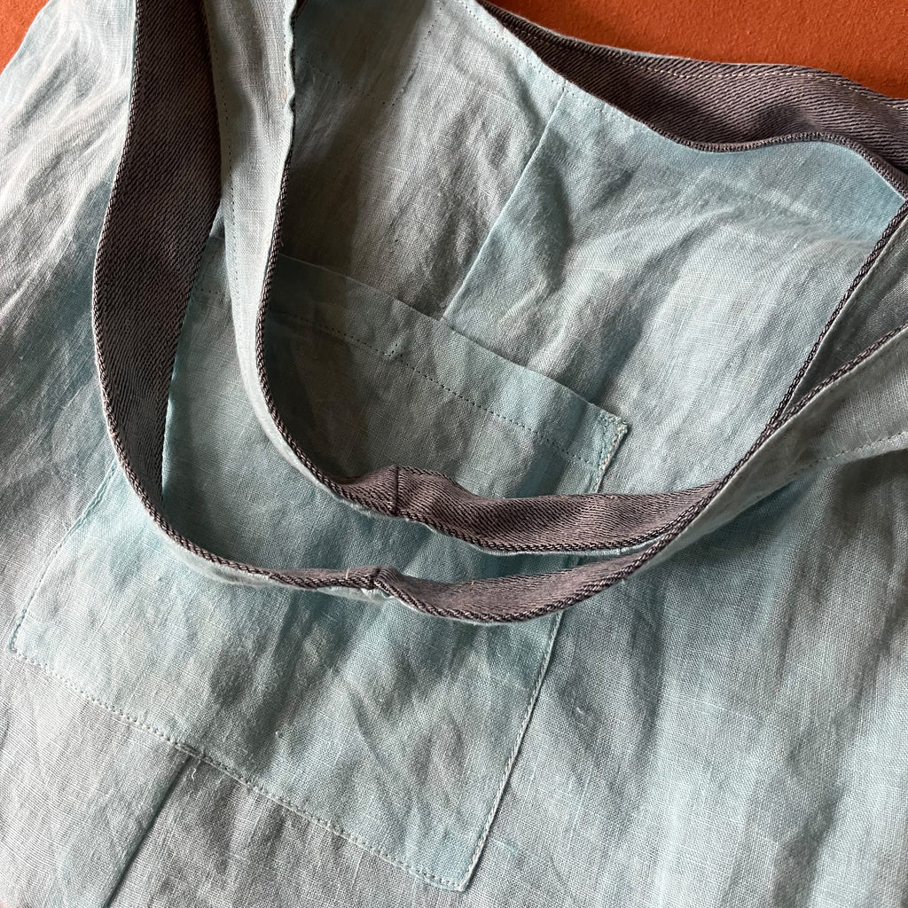 Light Blue/Grey Denim and Teal Linen Double Strap Slouchy Tote