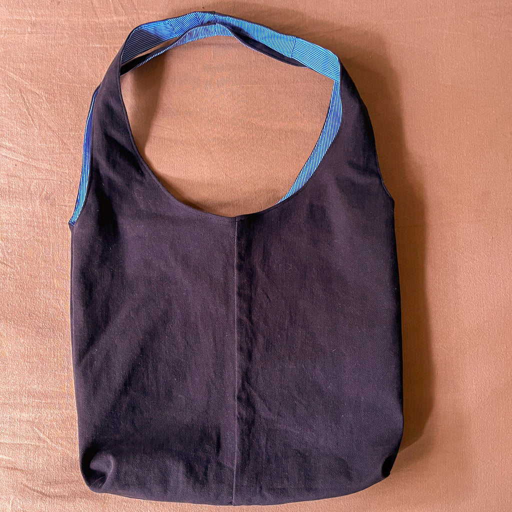 Brown Corduroy and Blue Striped Double Strap Slouchy Tote