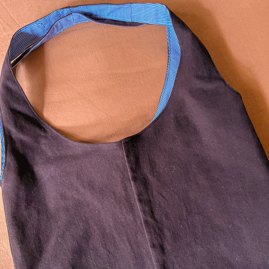 Brown Corduroy and Blue Striped Double Strap Slouchy Tote
