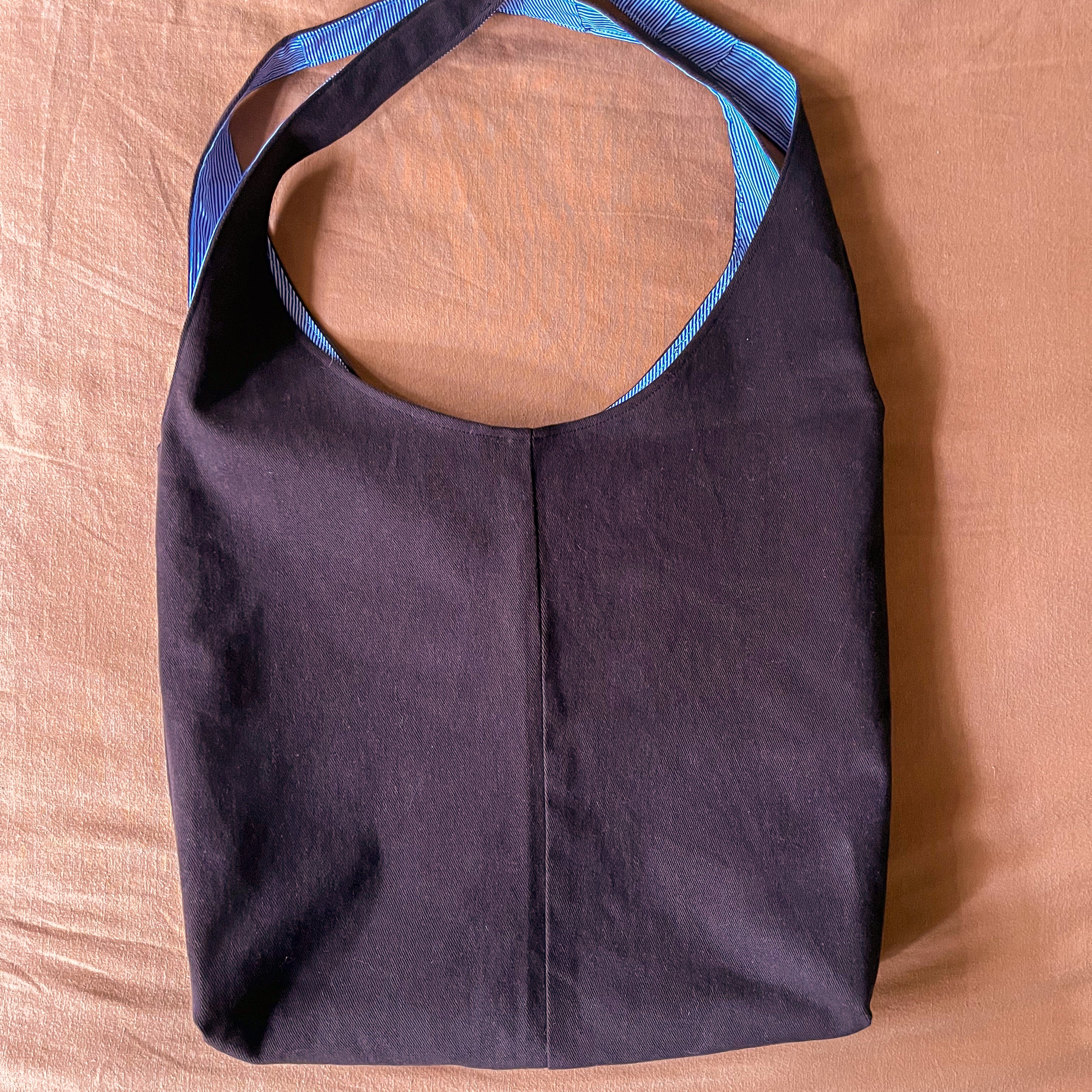 Brown Corduroy and Blue Striped Double Strap Slouchy Tote