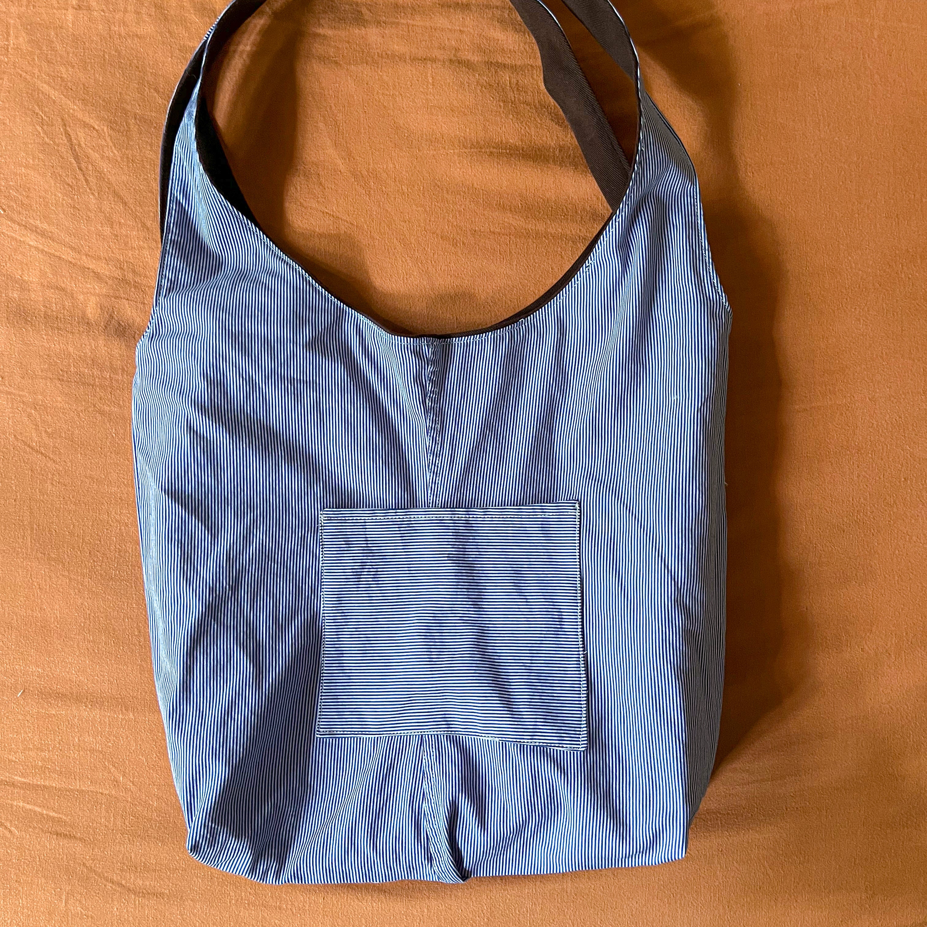 Brown Corduroy and Blue Striped Double Strap Slouchy Tote