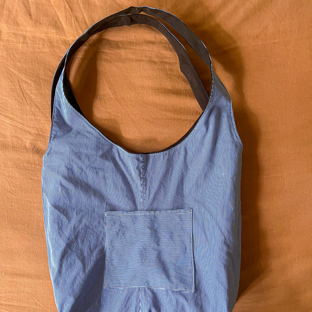 Brown Corduroy and Blue Striped Double Strap Slouchy Tote