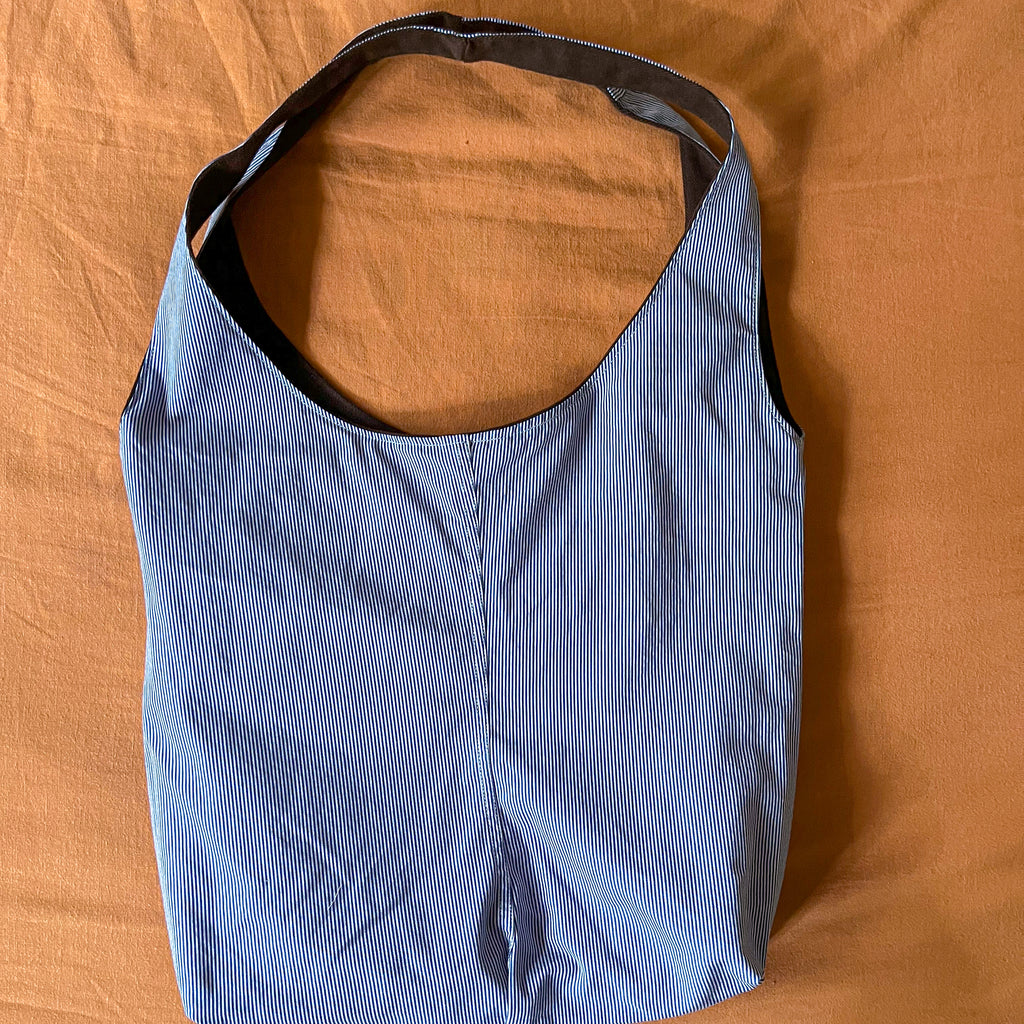 Brown Corduroy and Blue Striped Double Strap Slouchy Tote