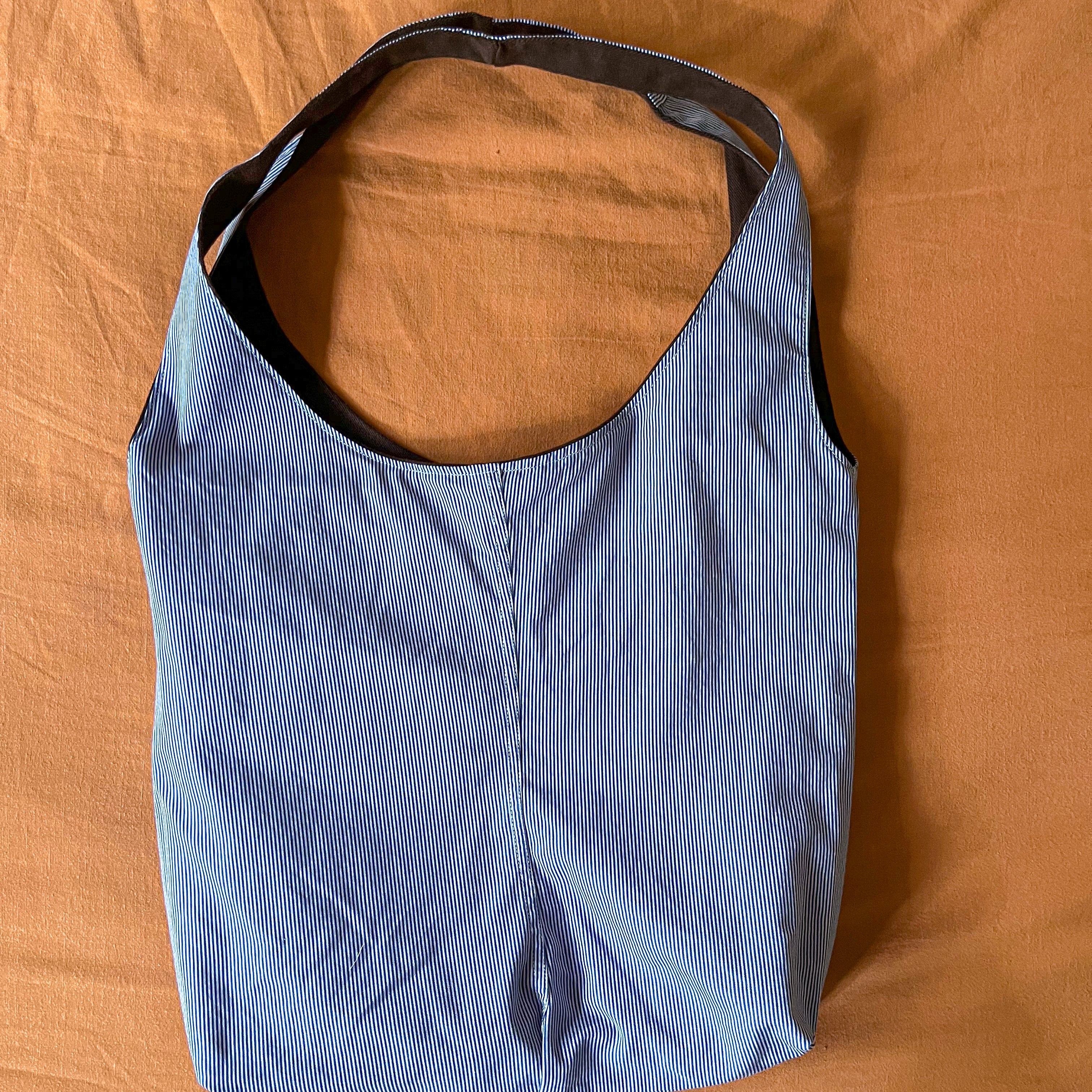 Brown Corduroy and Blue Striped Double Strap Slouchy Tote