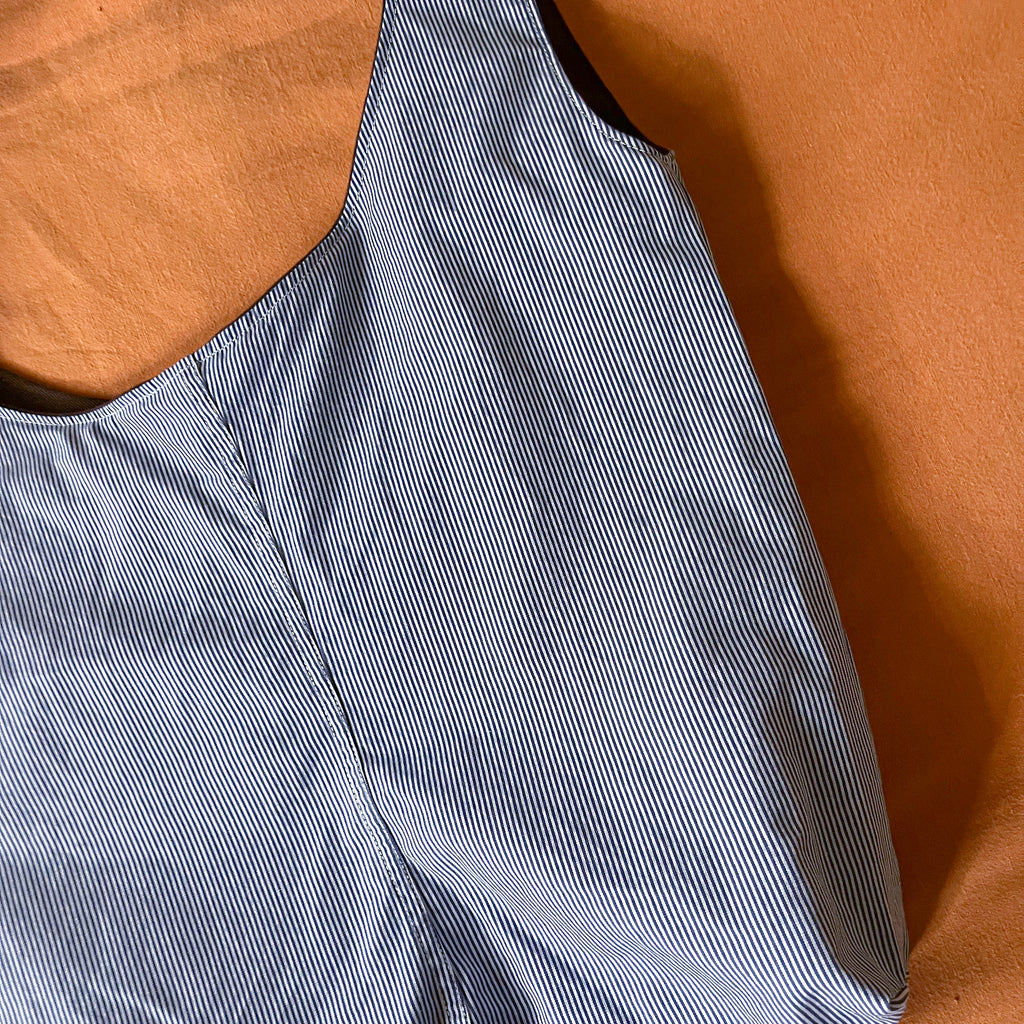 Brown Corduroy and Blue Striped Double Strap Slouchy Tote