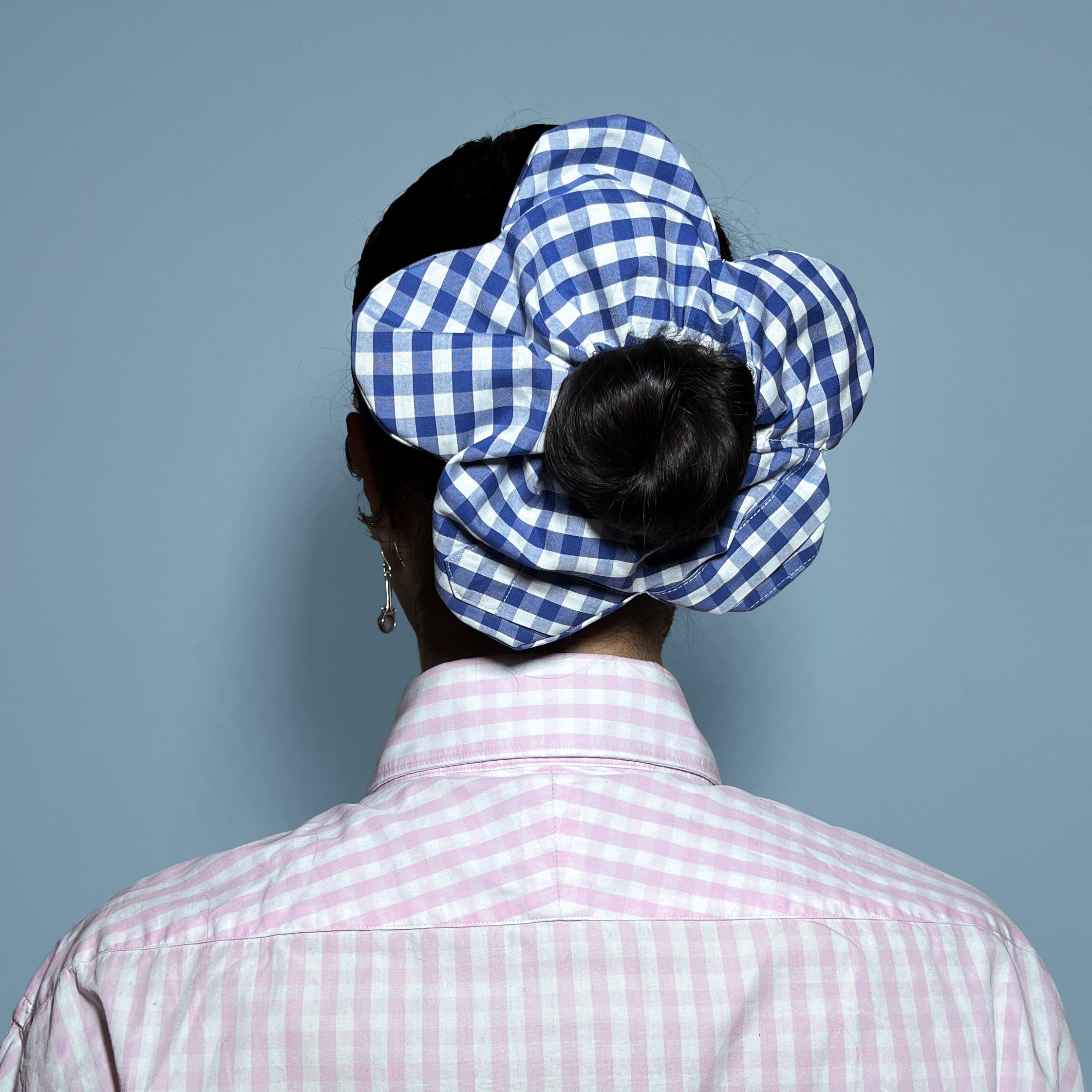 Dark Blue Gingham Flower 100% Cotton Shirt Scrunchie