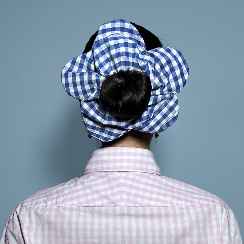 Dark Blue Gingham Flower 100% Cotton Shirt Scrunchie