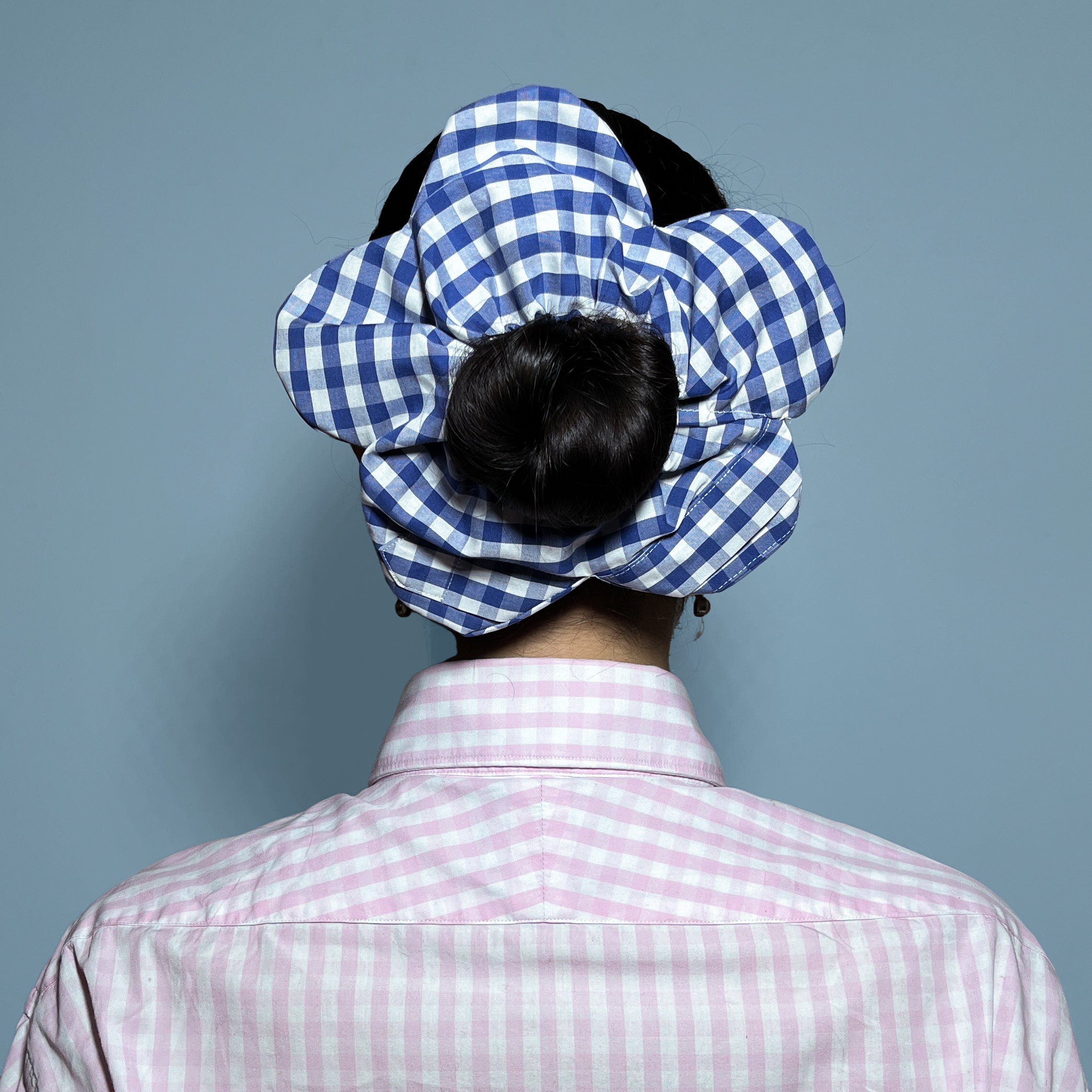 Dark Blue Gingham Flower 100% Cotton Shirt Scrunchie