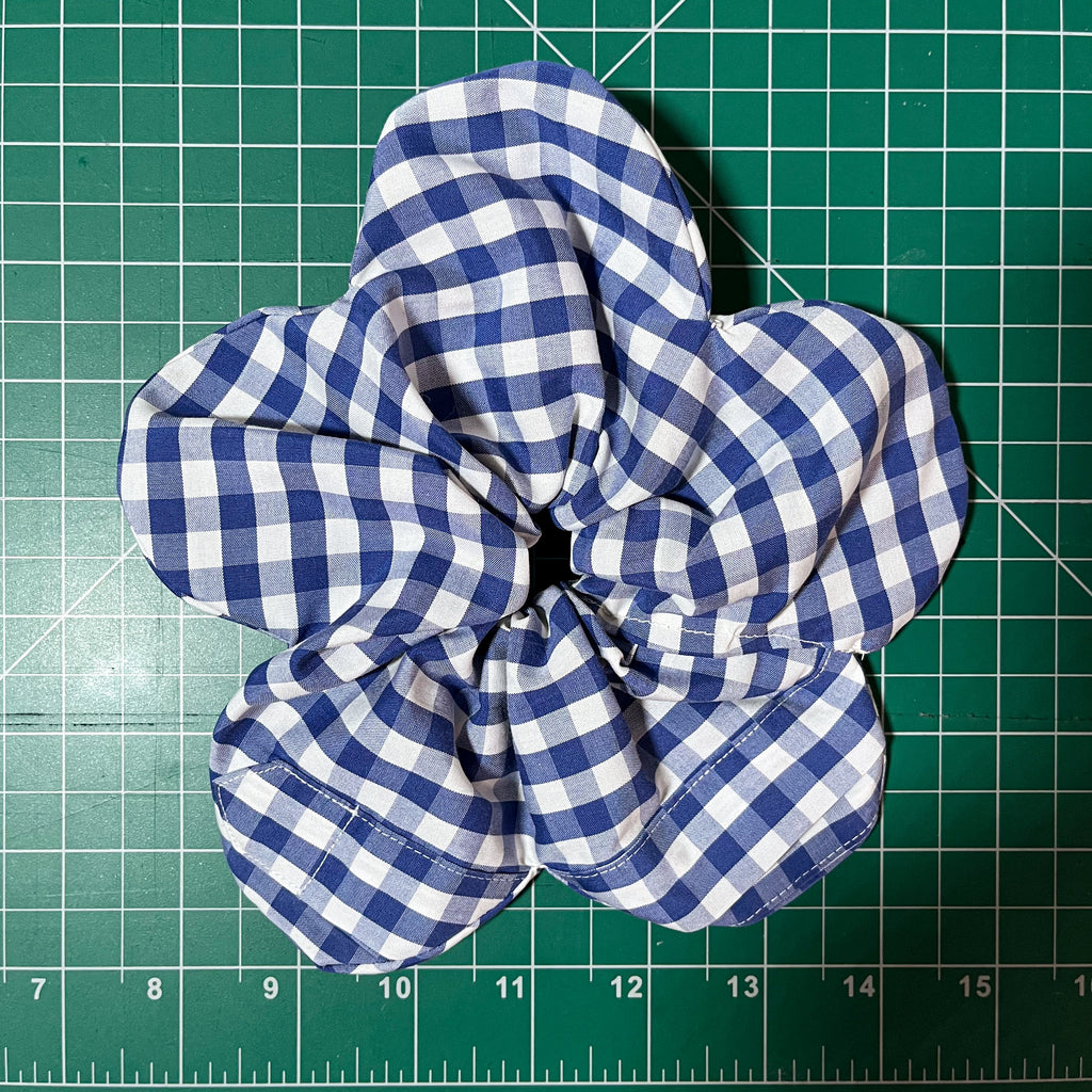 Dark Blue Gingham Flower 100% Cotton Shirt Scrunchie