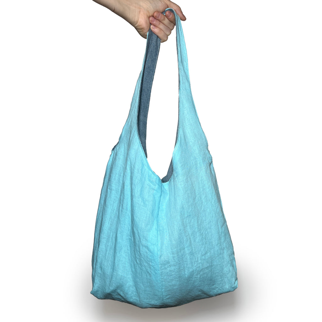 Light Blue/Grey Denim and Teal Linen Double Strap Slouchy Tote