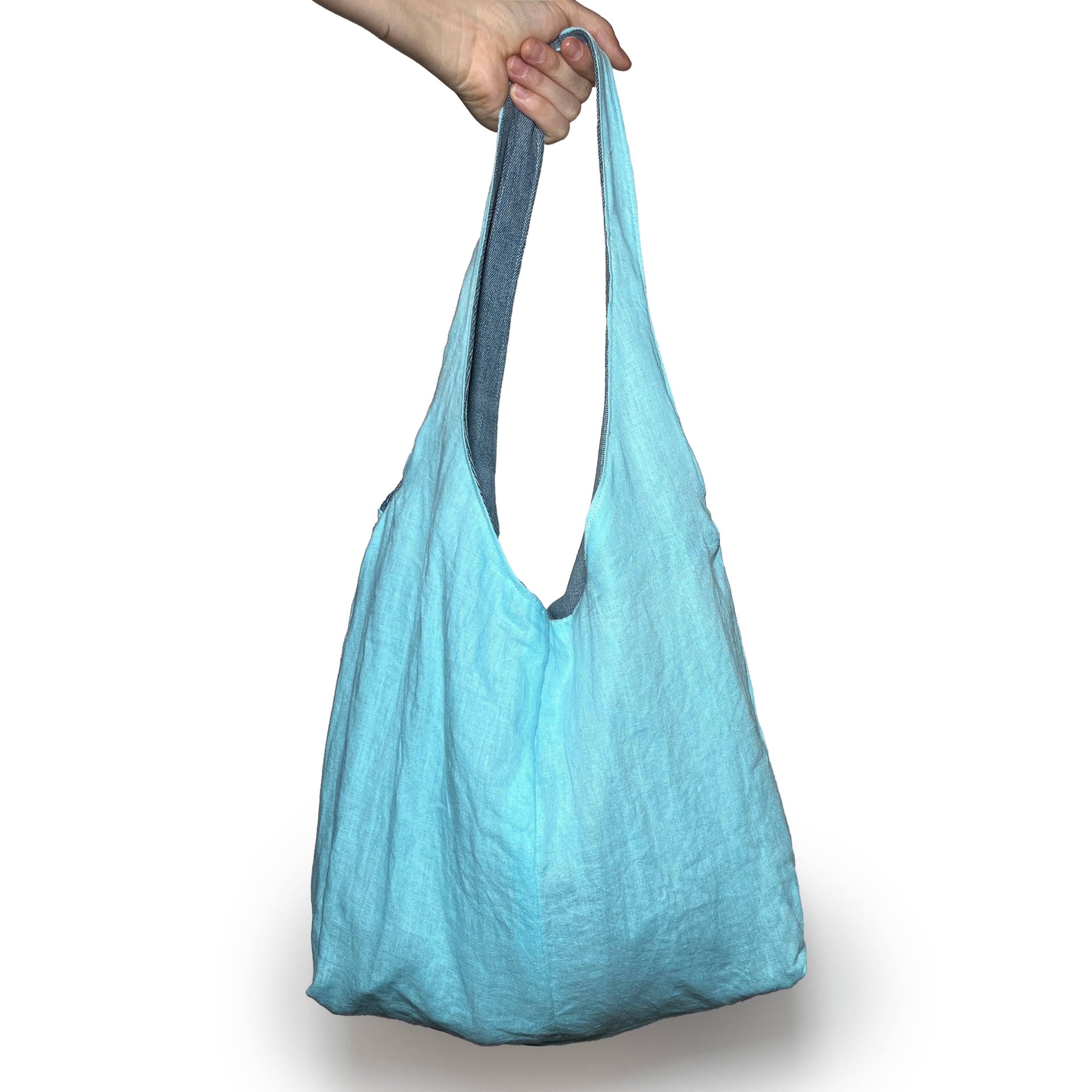 Light Blue/Grey Denim and Teal Linen Double Strap Slouchy Tote