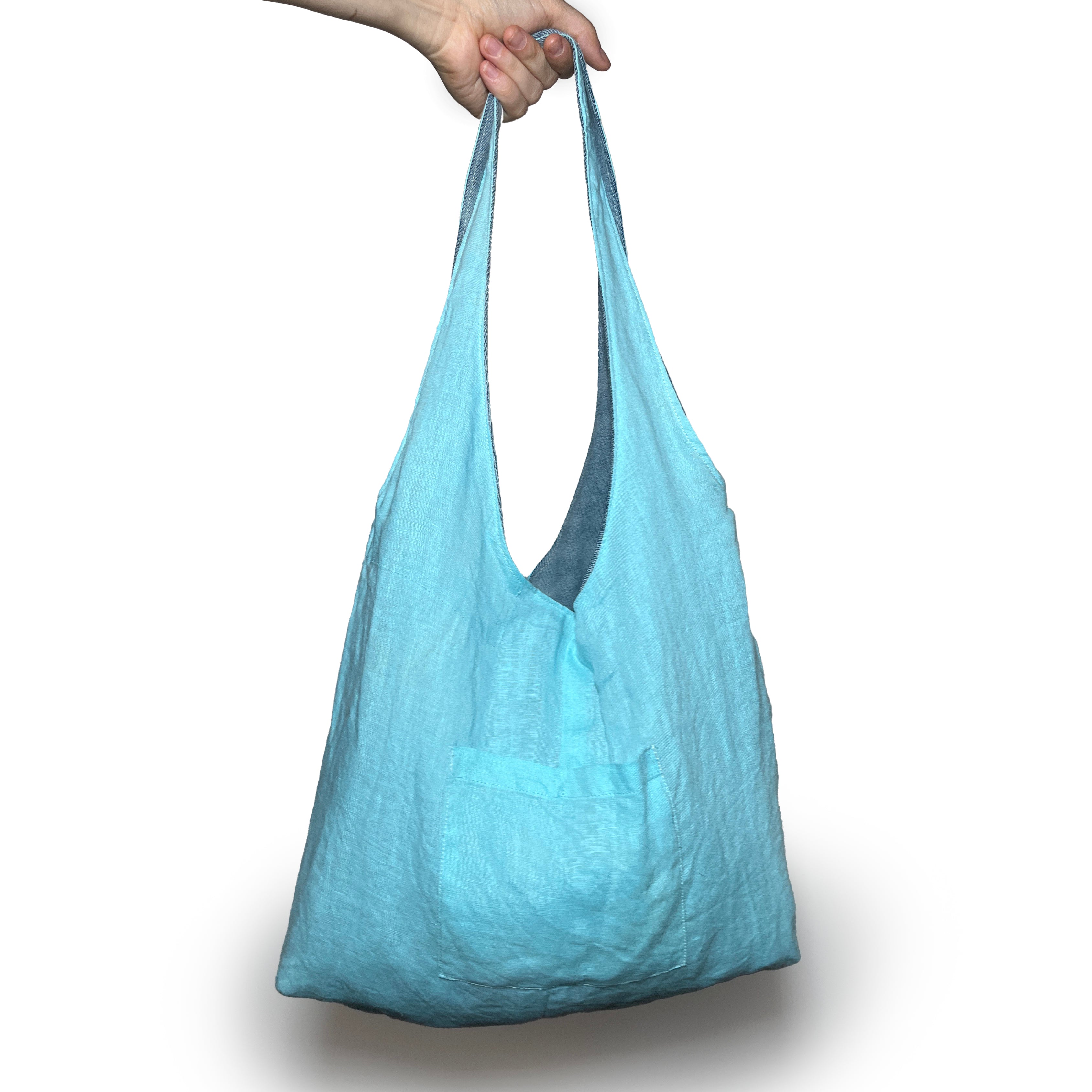 Light Blue/Grey Denim and Teal Linen Double Strap Slouchy Tote