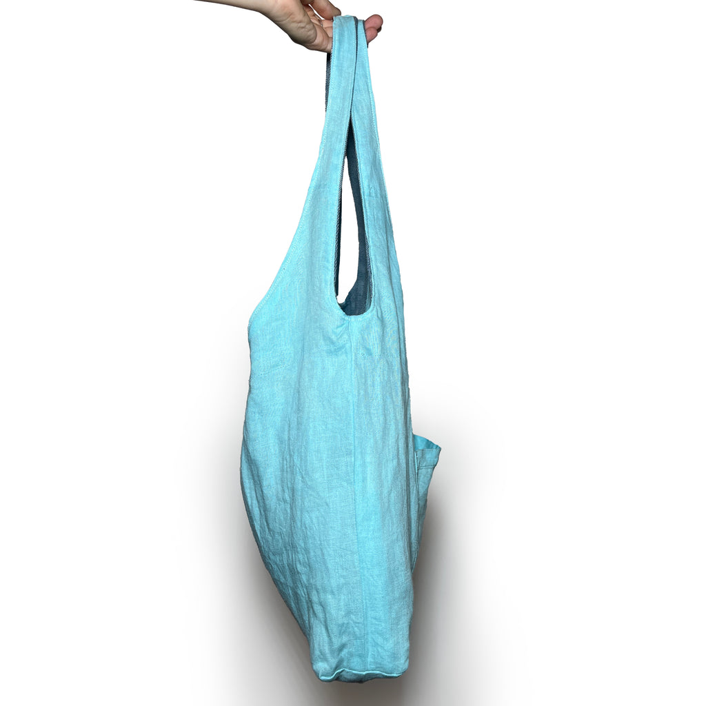 Light Blue/Grey Denim and Teal Linen Double Strap Slouchy Tote