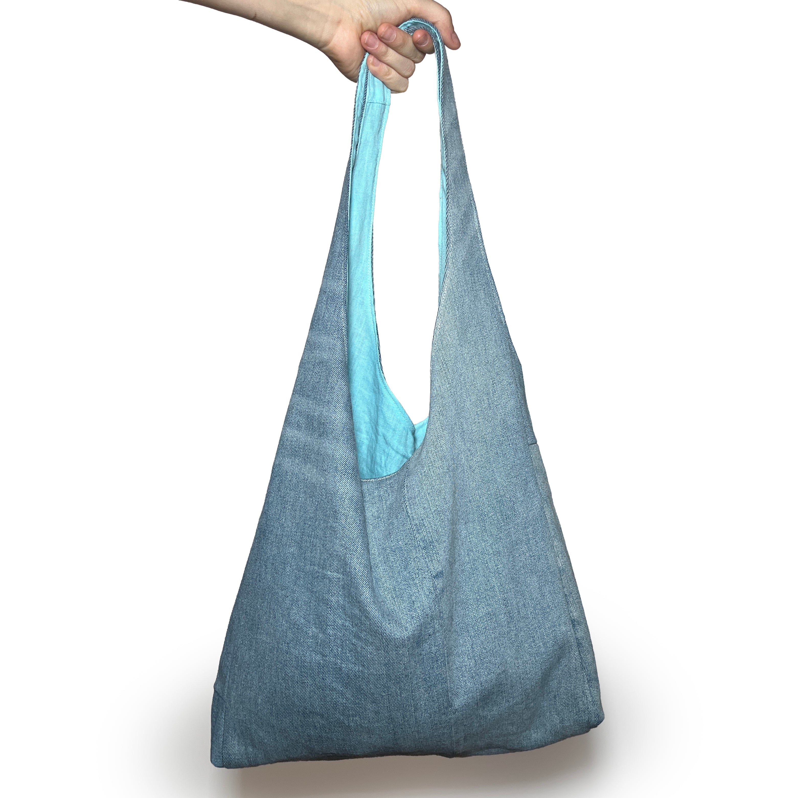 Light Blue/Grey Denim and Teal Linen Double Strap Slouchy Tote