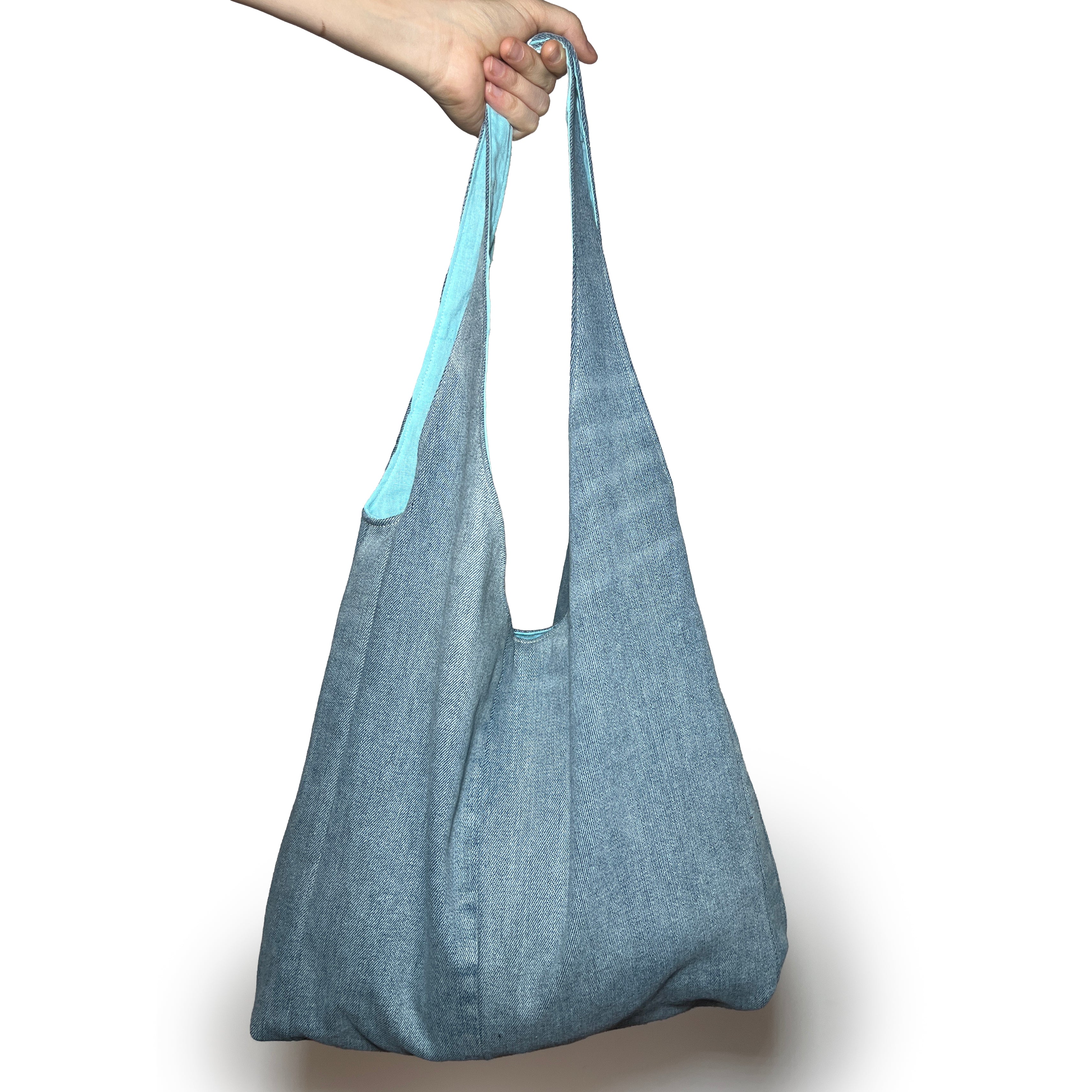 Light Blue/Grey Denim and Teal Linen Double Strap Slouchy Tote