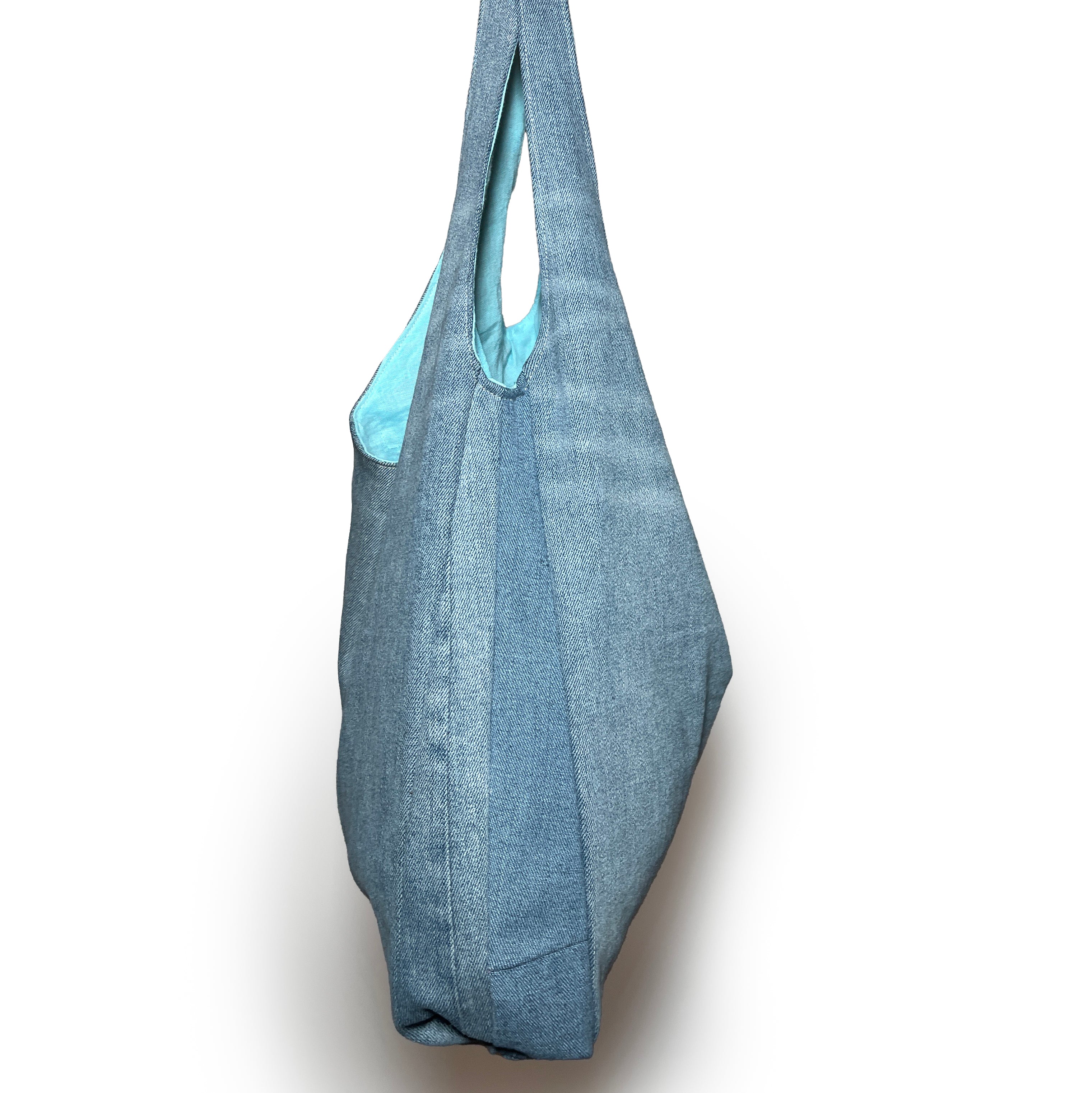 Light Blue/Grey Denim and Teal Linen Double Strap Slouchy Tote
