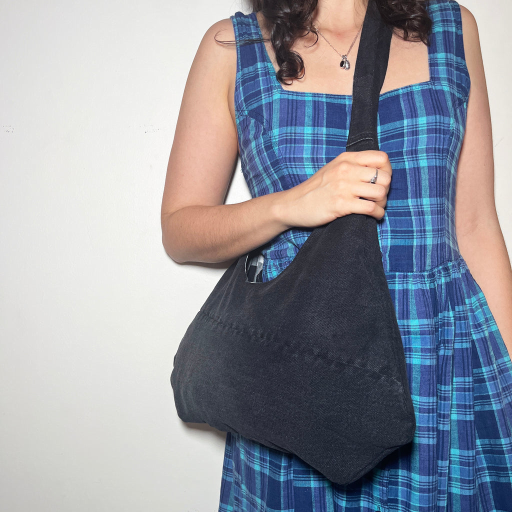 Black Denim and Black and White Gingham Adjustable Bag