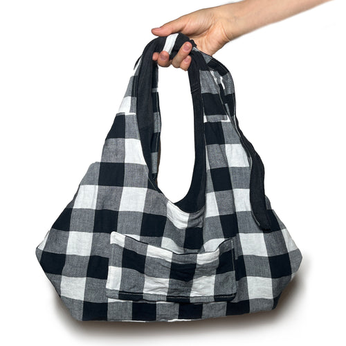 Black Denim and Black and White Gingham Adjustable Bag