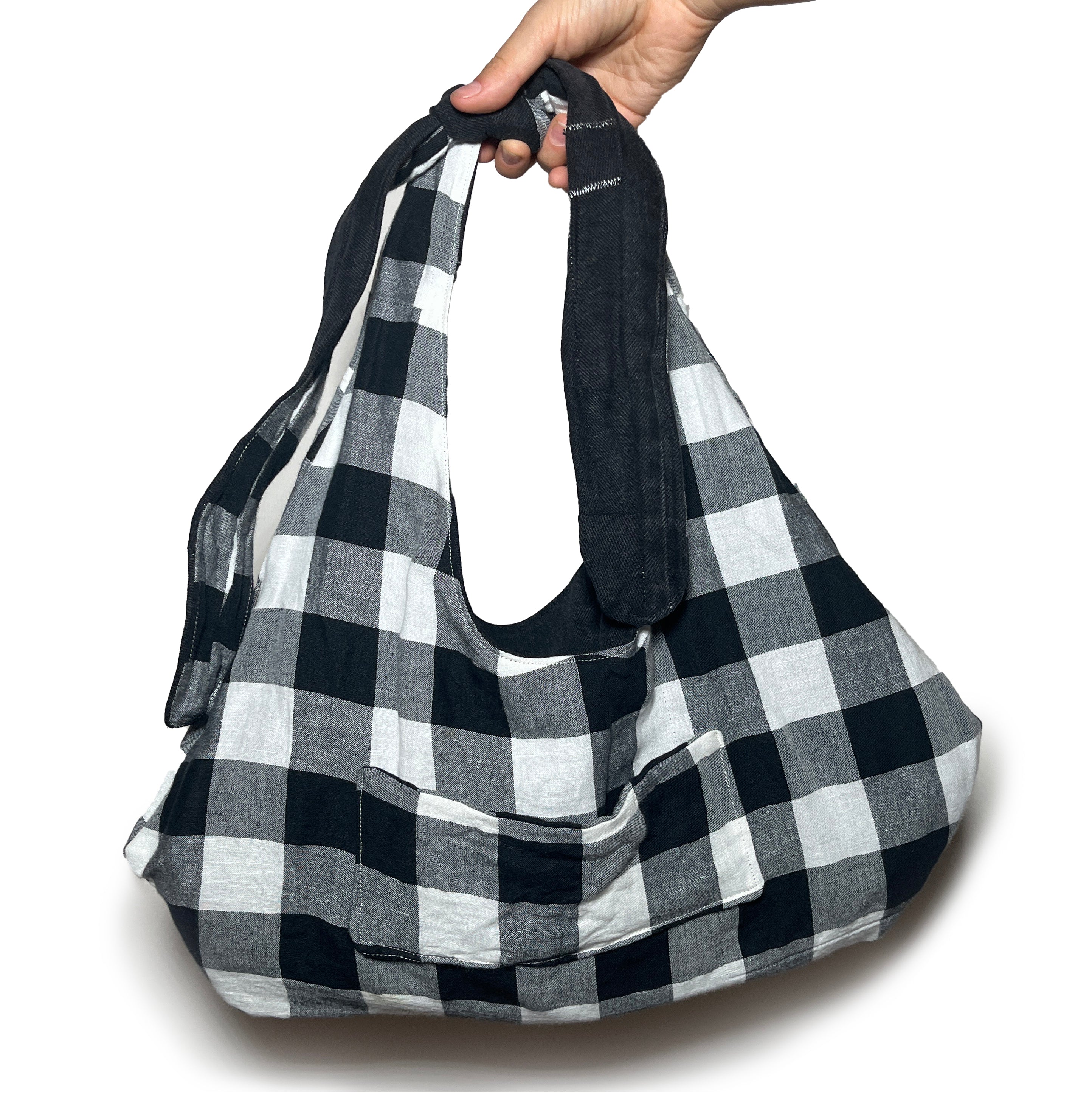 Black Denim and Black and White Gingham Adjustable Bag