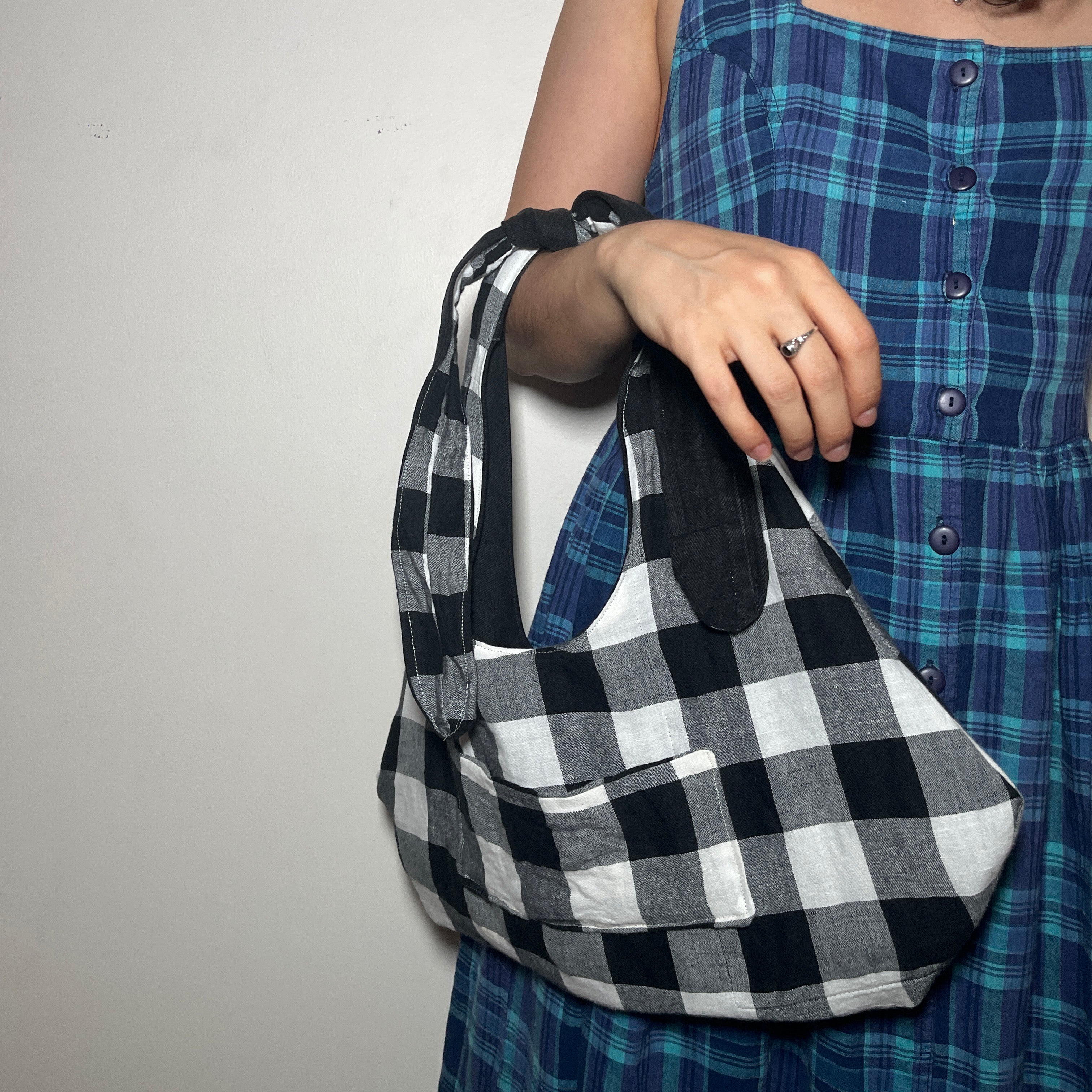 Black Denim and Black and White Gingham Adjustable Bag