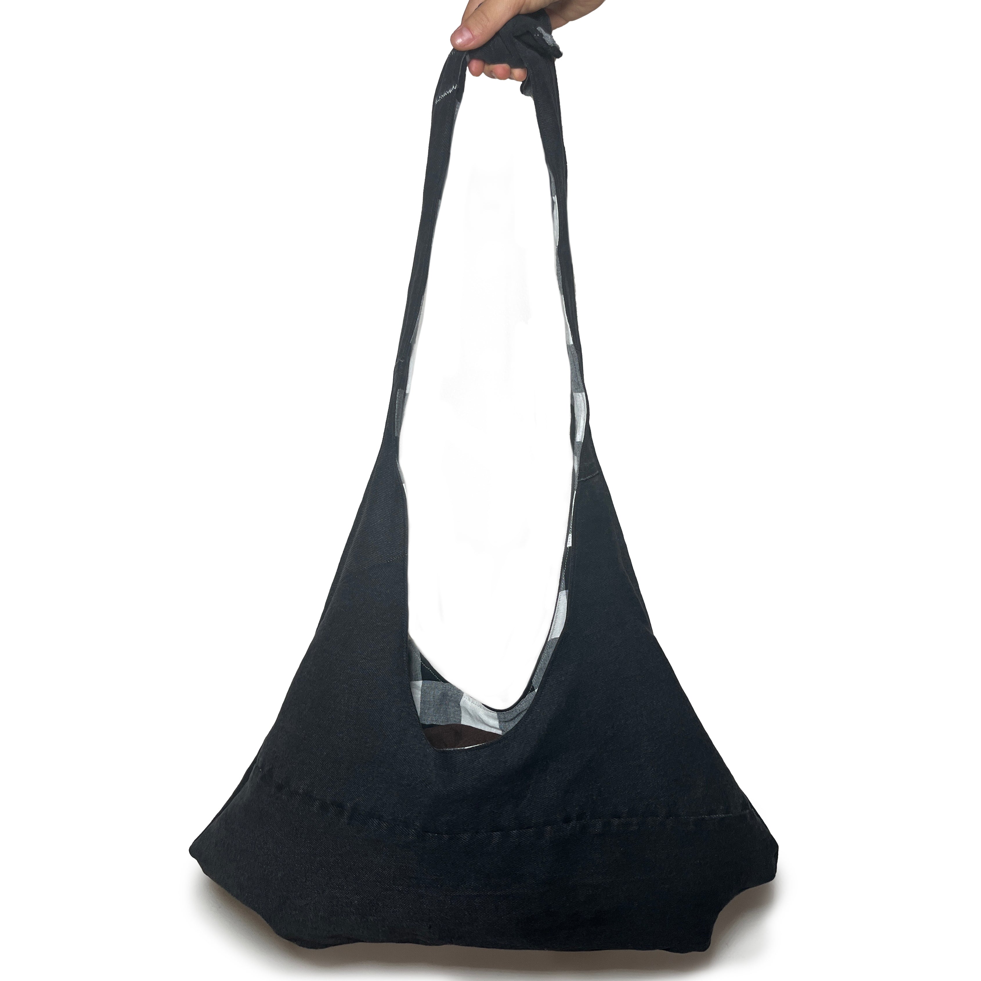 Black Denim and Black and White Gingham Adjustable Bag