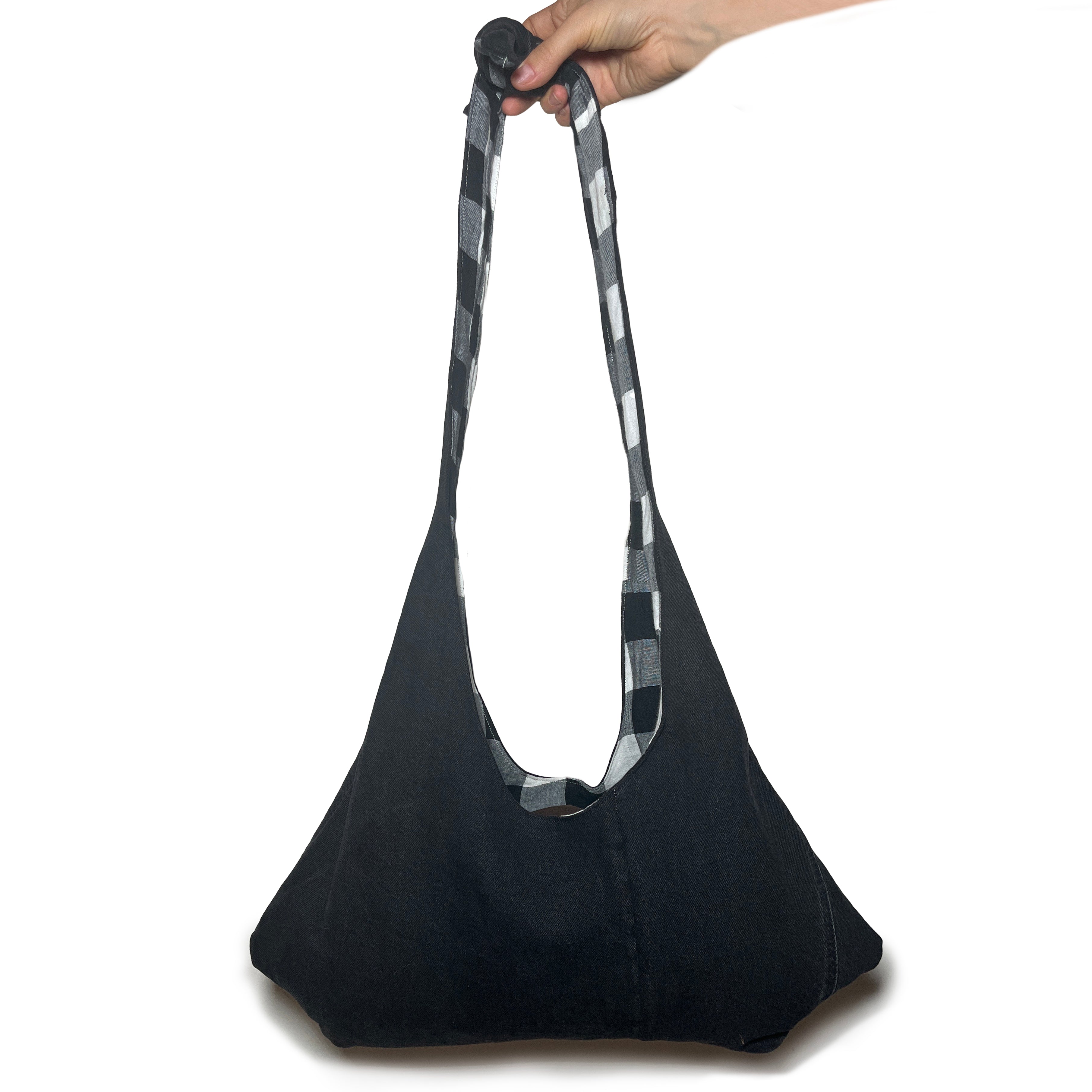 Black Denim and Black and White Gingham Adjustable Bag