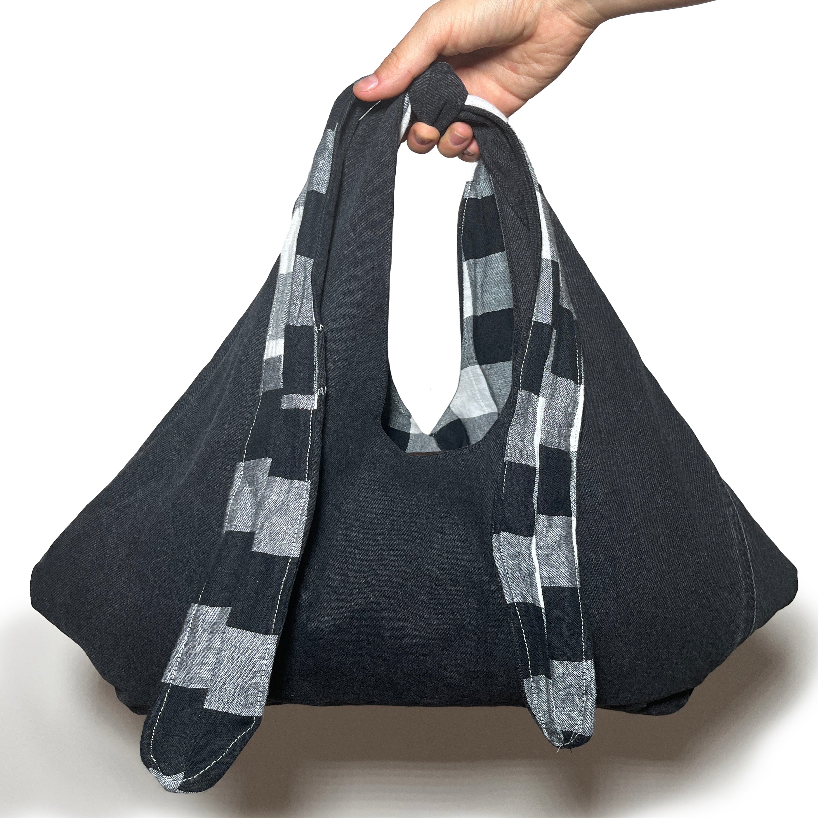 Black Denim and Black and White Gingham Adjustable Bag